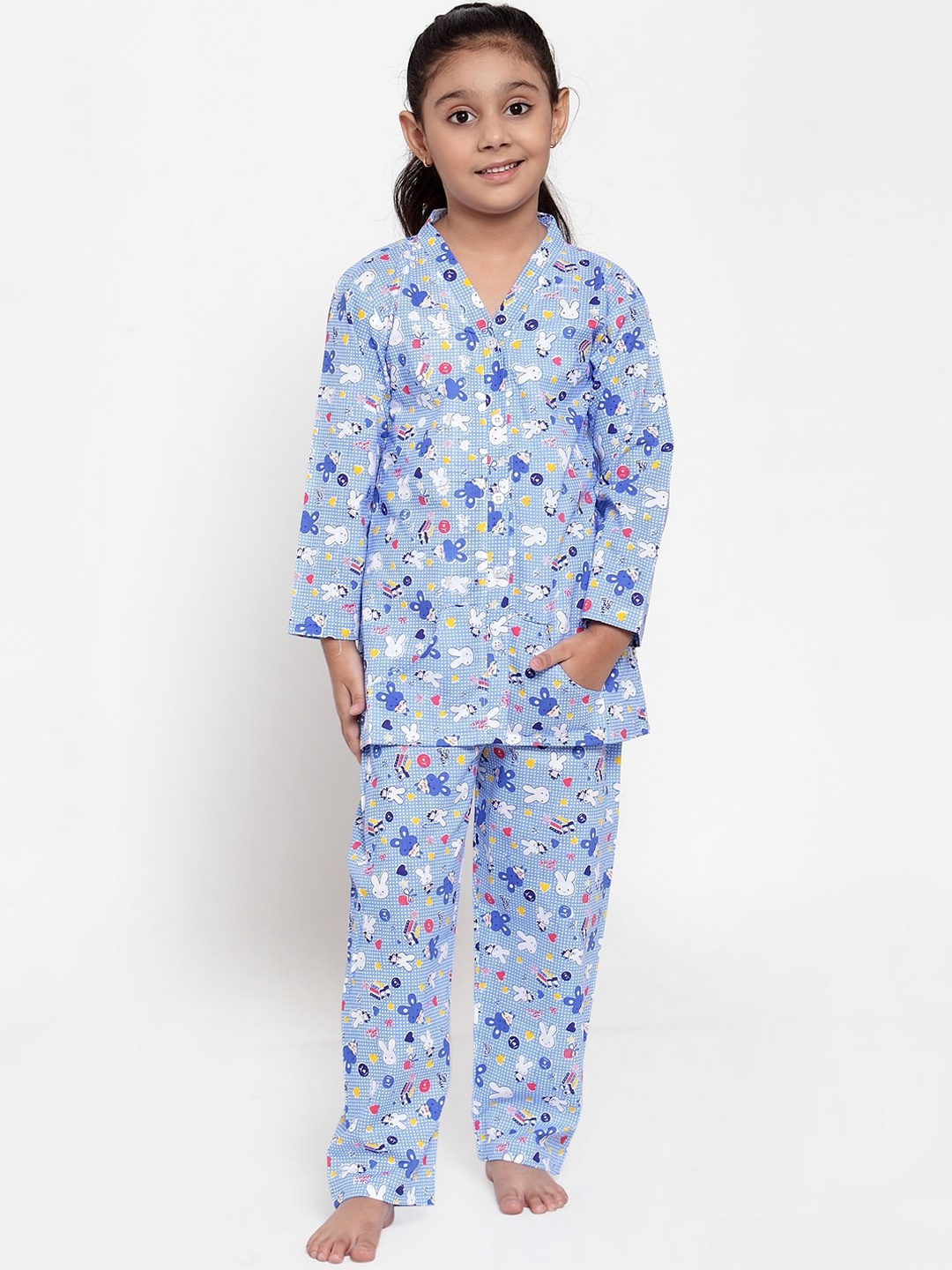 

KYDZI Girls Blue & Pink Pure Cotton Printed Night suit