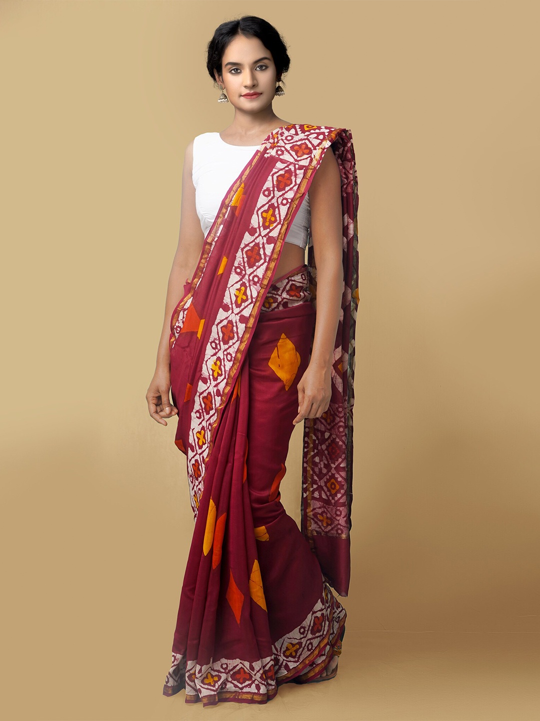 

Unnati Silks Women Maroon & Yellow Pure Batik Chanderi Sico Sustainable Saree