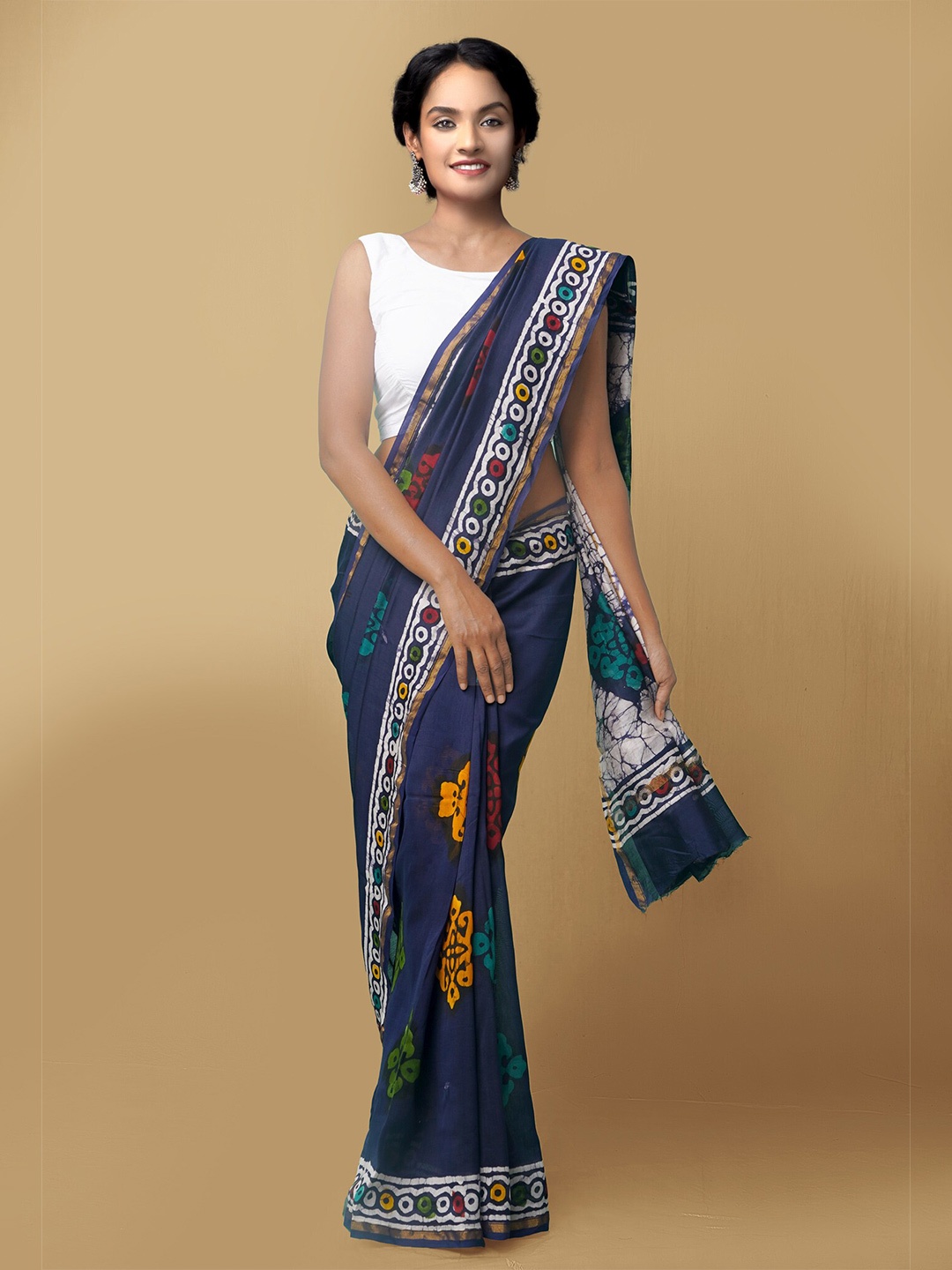 

Unnati Silks Women Blue & White Pure Batik Chanderi Sico Sustainable Saree