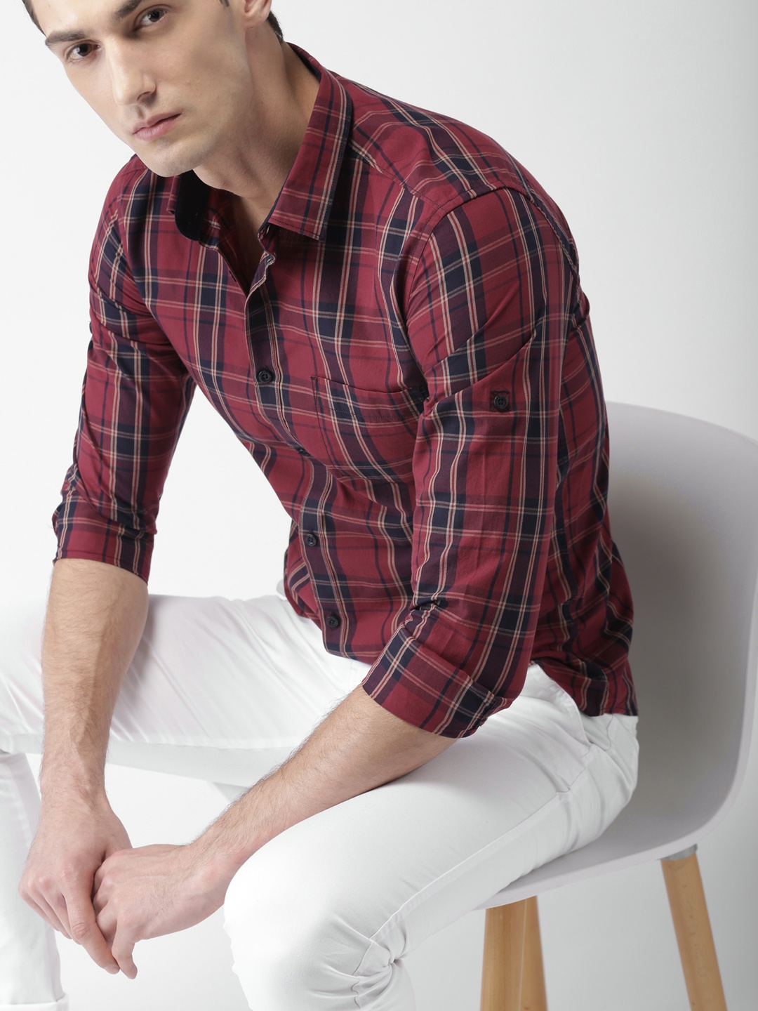 

HIGHLANDER Men Maroon & Navy Slim Fit Checked Casual Shirt