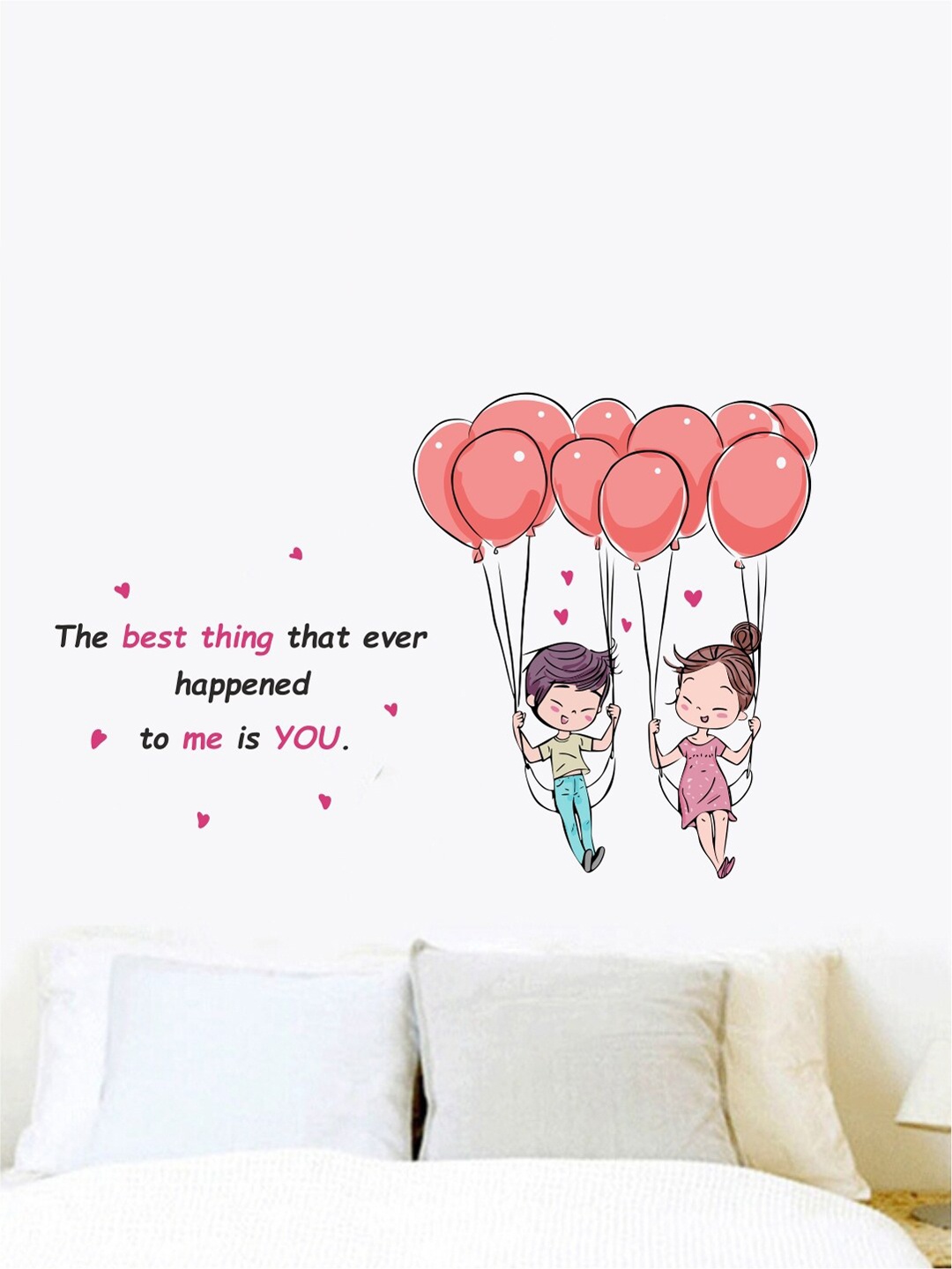 

decal O decal Couple Flying With Balloons And Love Quotes Wall Sticker, Pink