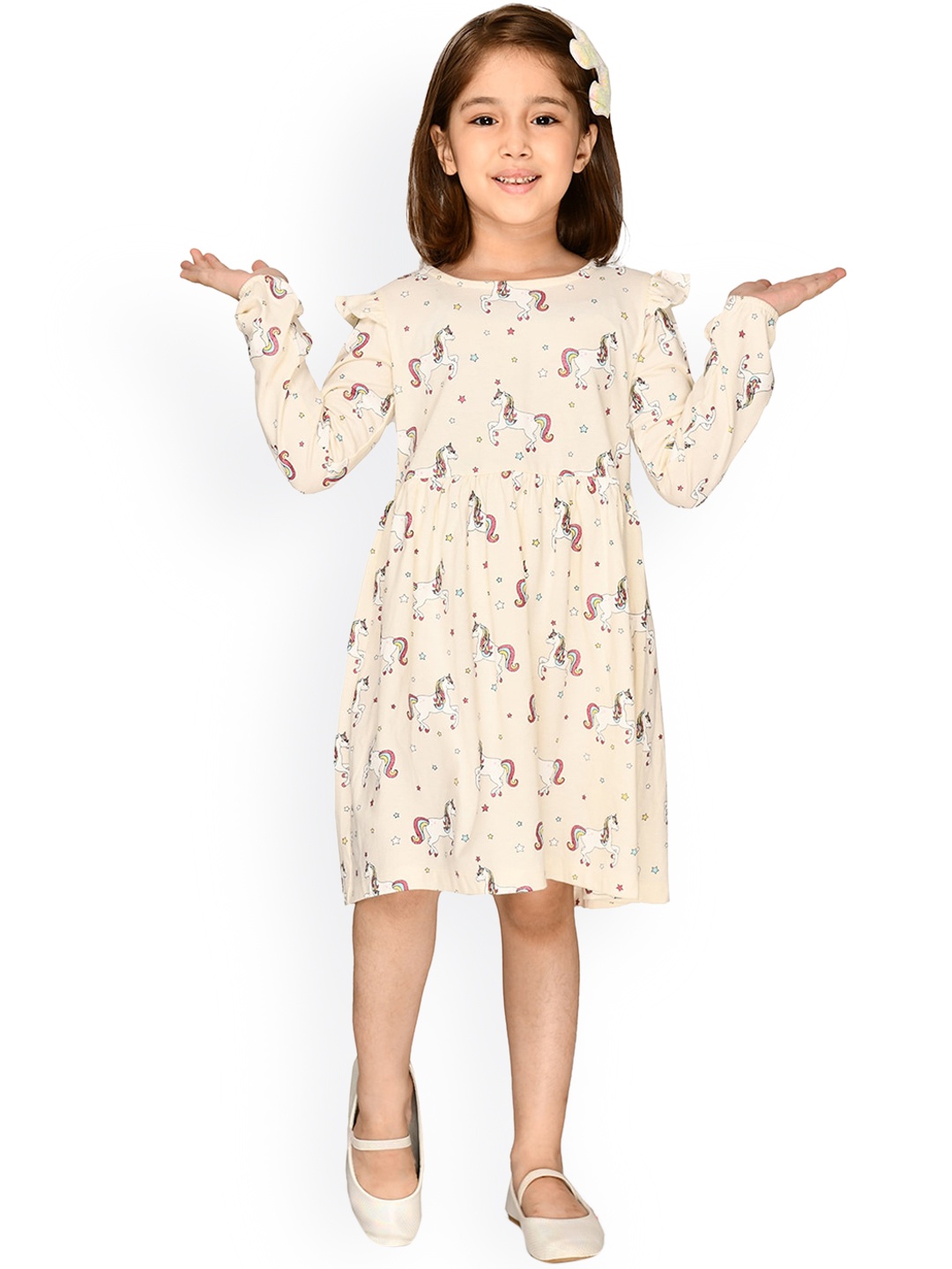 

LilPicks Girls Off White & Pink Conversational Printed Cotton Dress