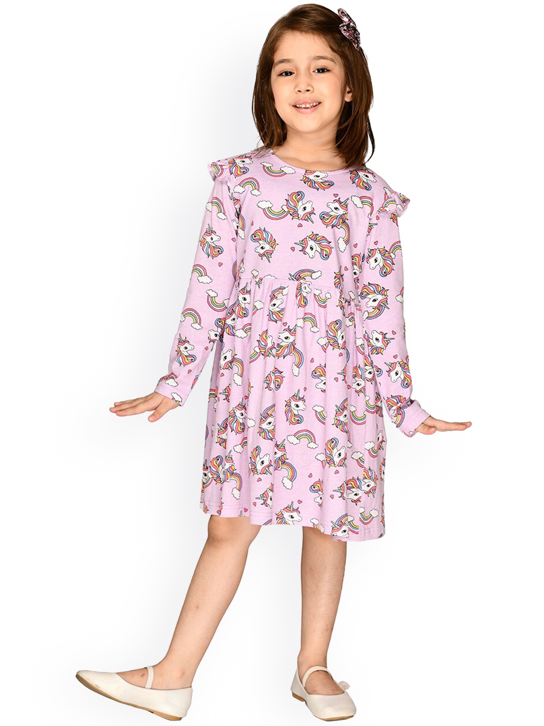 

LilPicks Girls Purple & White Conversational Printed Cotton Dress