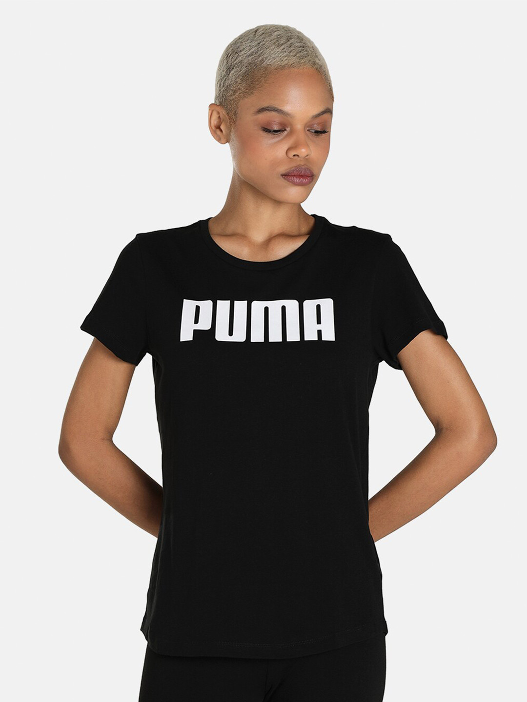 

Puma Women Black Brand Logo Printed T-shirt