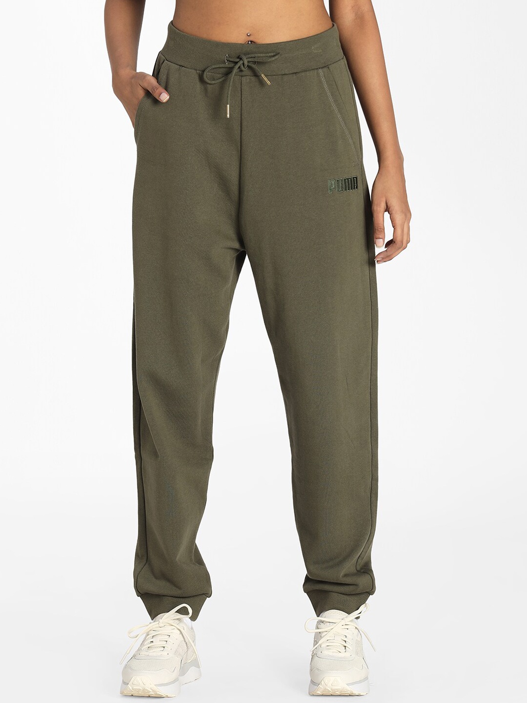 

Puma Women Olive Green Solid High Waist Relaxed Fit Joggers
