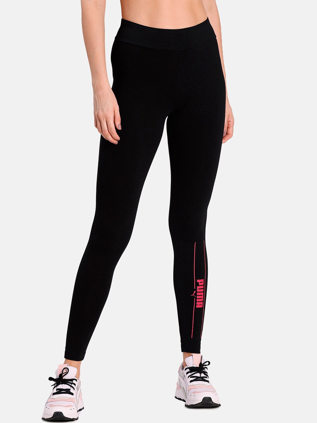

Puma Women Black & Pink Brand Logo Print Tights