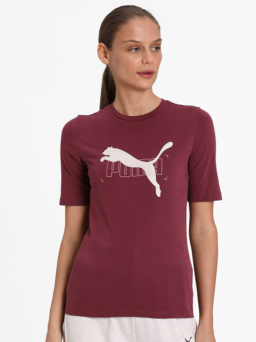 

Puma Women Burgundy Brand Logo Printed T-shirt