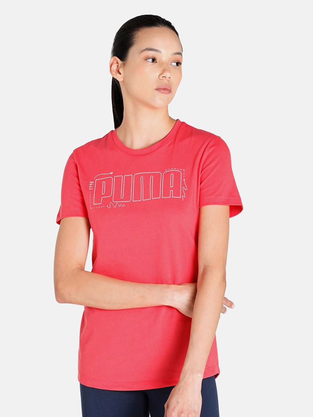 

Puma Women Pink Regular Fit Brand Logo Printed T-shirt