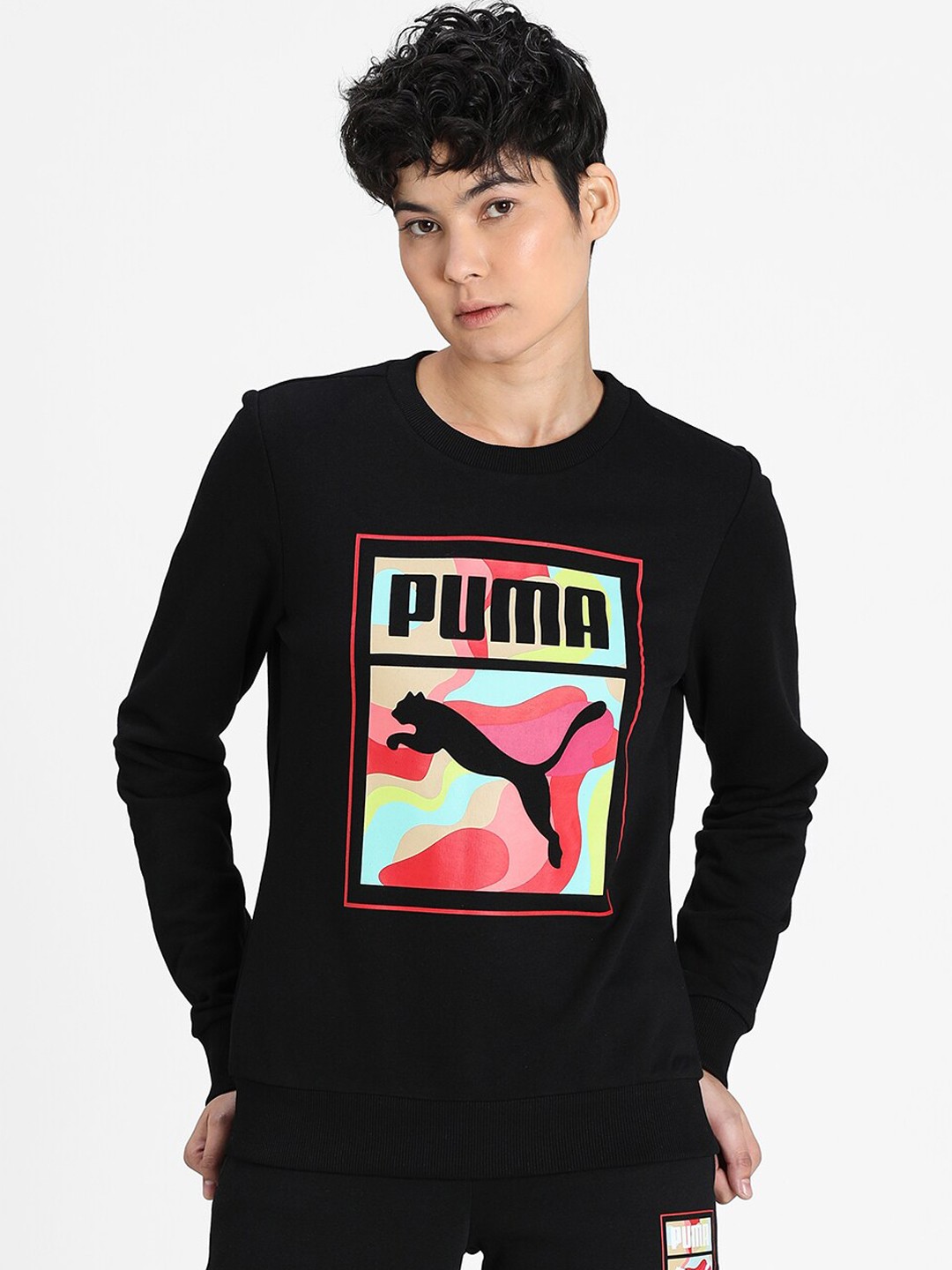 

Puma Women Black Graphic Printed Crew Sweatshirt