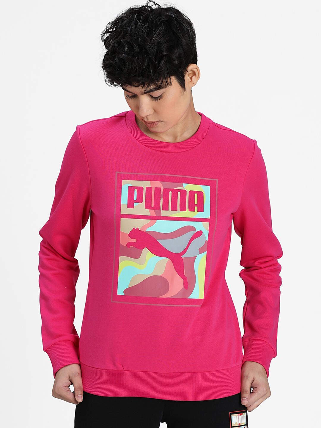 

Puma Women Pink Graphic Printed Crew Sweatshirt