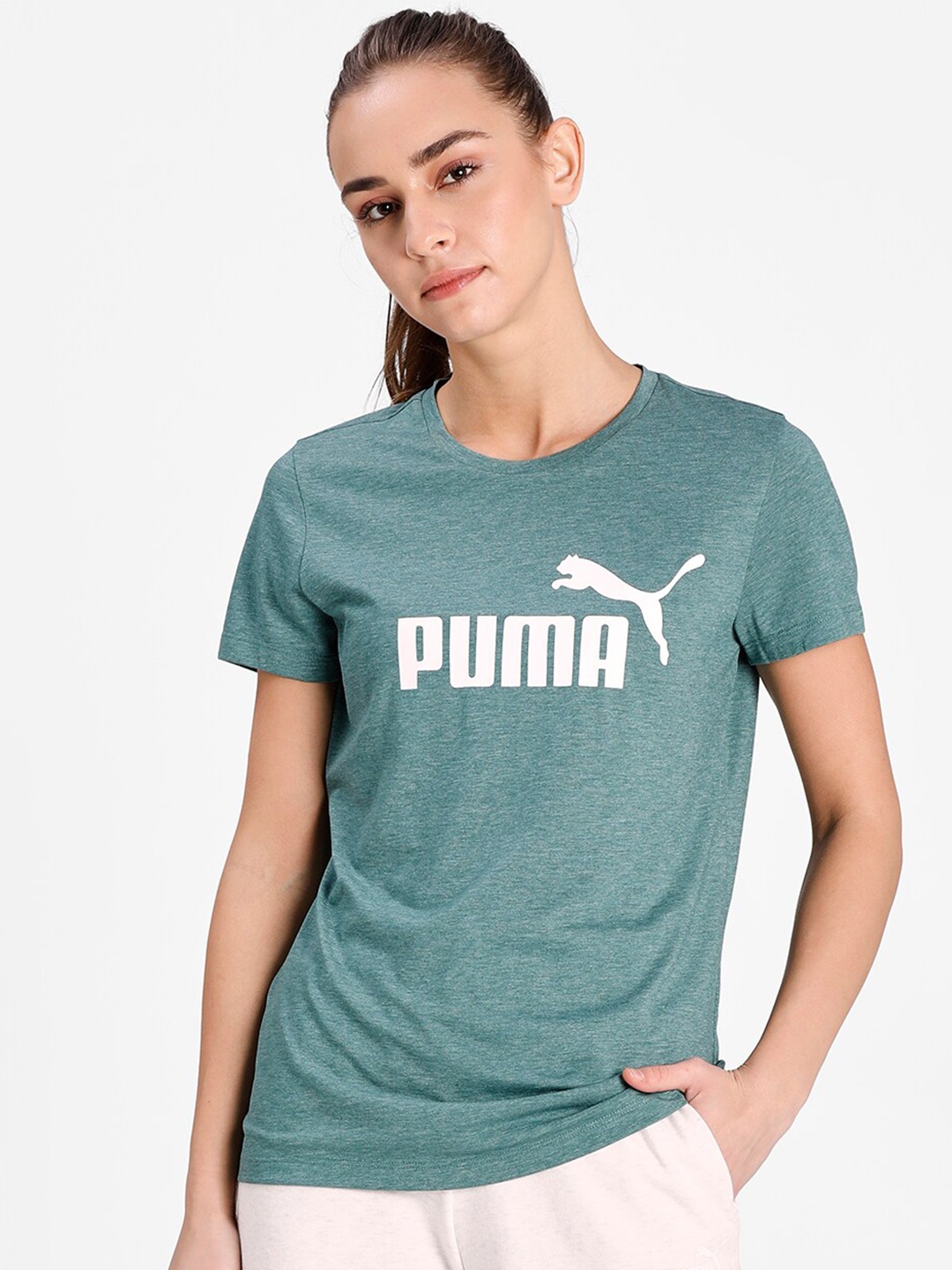 

Puma Women Blue ESS Logo Heather Printed T-shirt