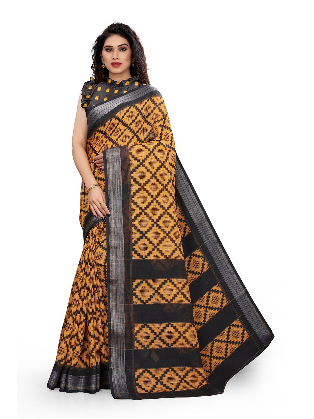 

KALINI Yellow & Black Zari Printed Saree