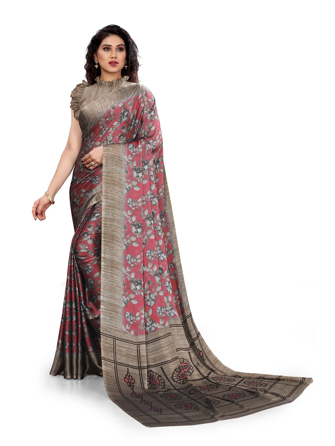 

KALINI Pink & Grey Floral Printed Bagh Saree