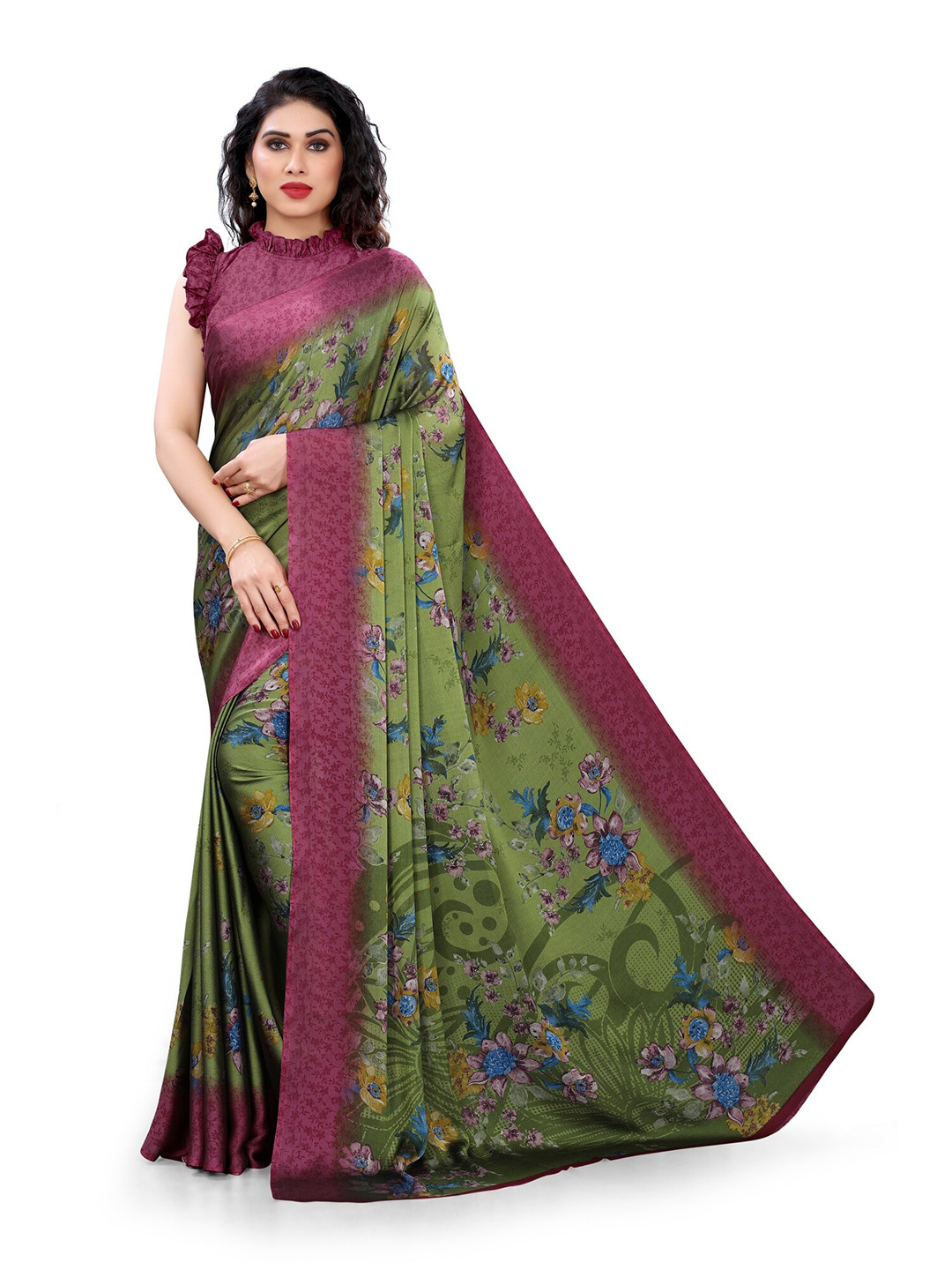 

KALINI Green & Pink Floral Printed Bagh Saree