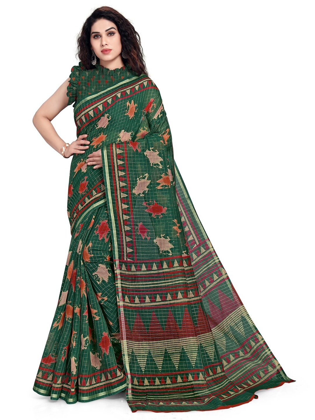

KALINI Green & Red Checked Saree