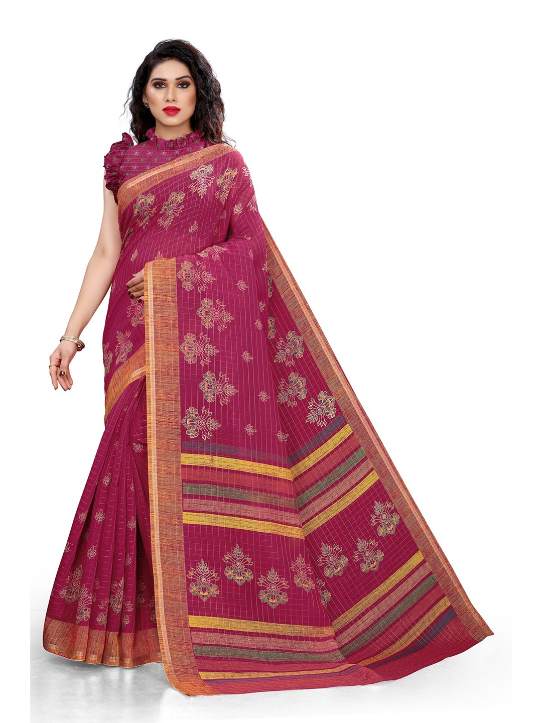

KALINI Pink & Green Checked Zari Saree