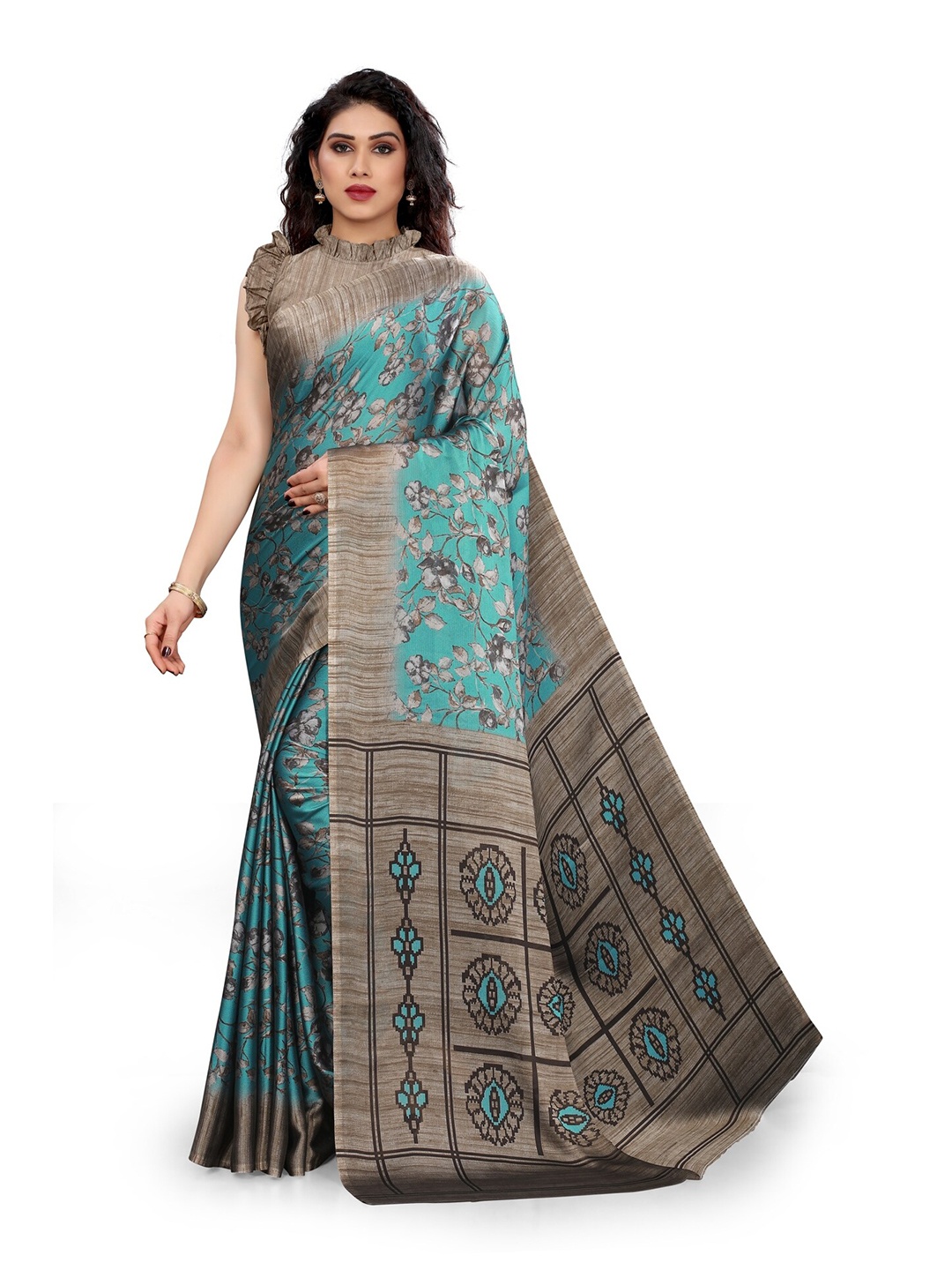 

KALINI Turquoise Blue & Grey Floral Bagh Saree