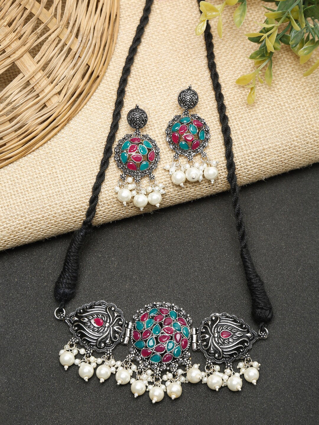 

NEUDIS Multicoloured Oxidised Stone & Pearl Embellished Choker Jewellery Set, Multi