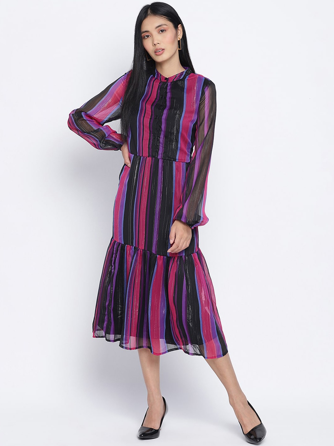 

Oxolloxo Multicoloured Striped Satin A-Line Midi Dress, Multi