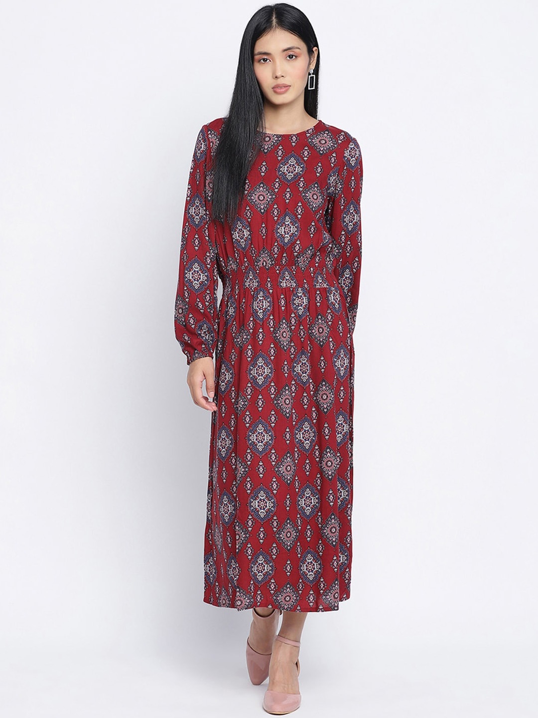 

Oxolloxo Maroon Ethnic Motifs Crepe Maxi Midi Dress