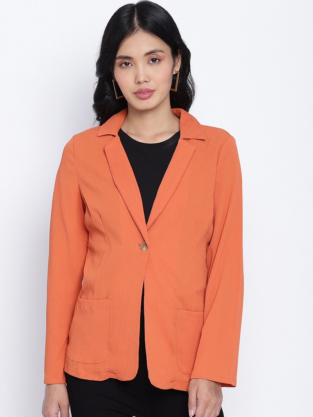 

Oxolloxo Women Orange Solid Single-Breasted Blazer