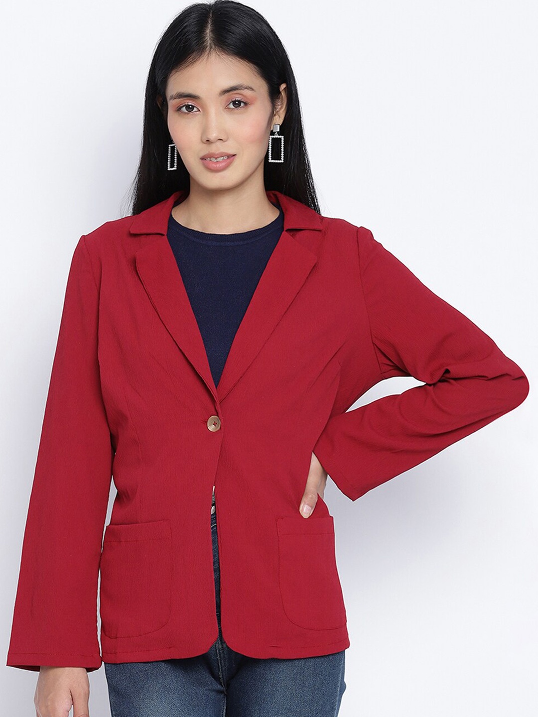 

Oxolloxo Women Maroon Solid Single-Breasted Blazer