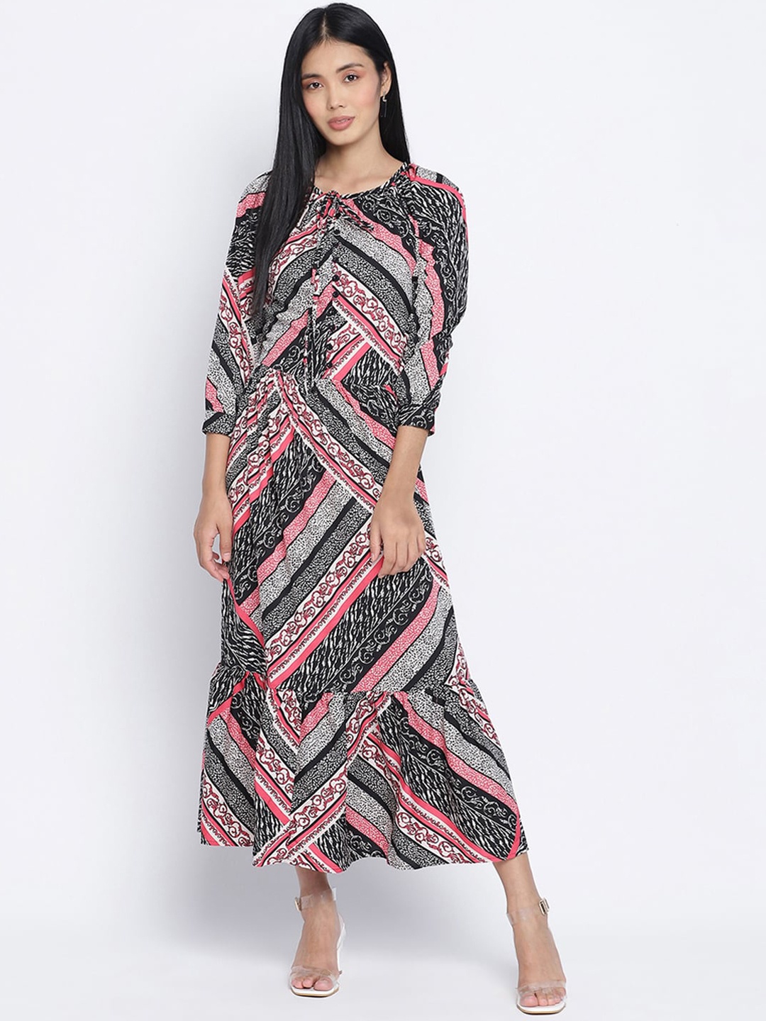 

Oxolloxo Multicoloured Ethnic Motifs Tie-Up Neck Satin Maxi Dress, Multi