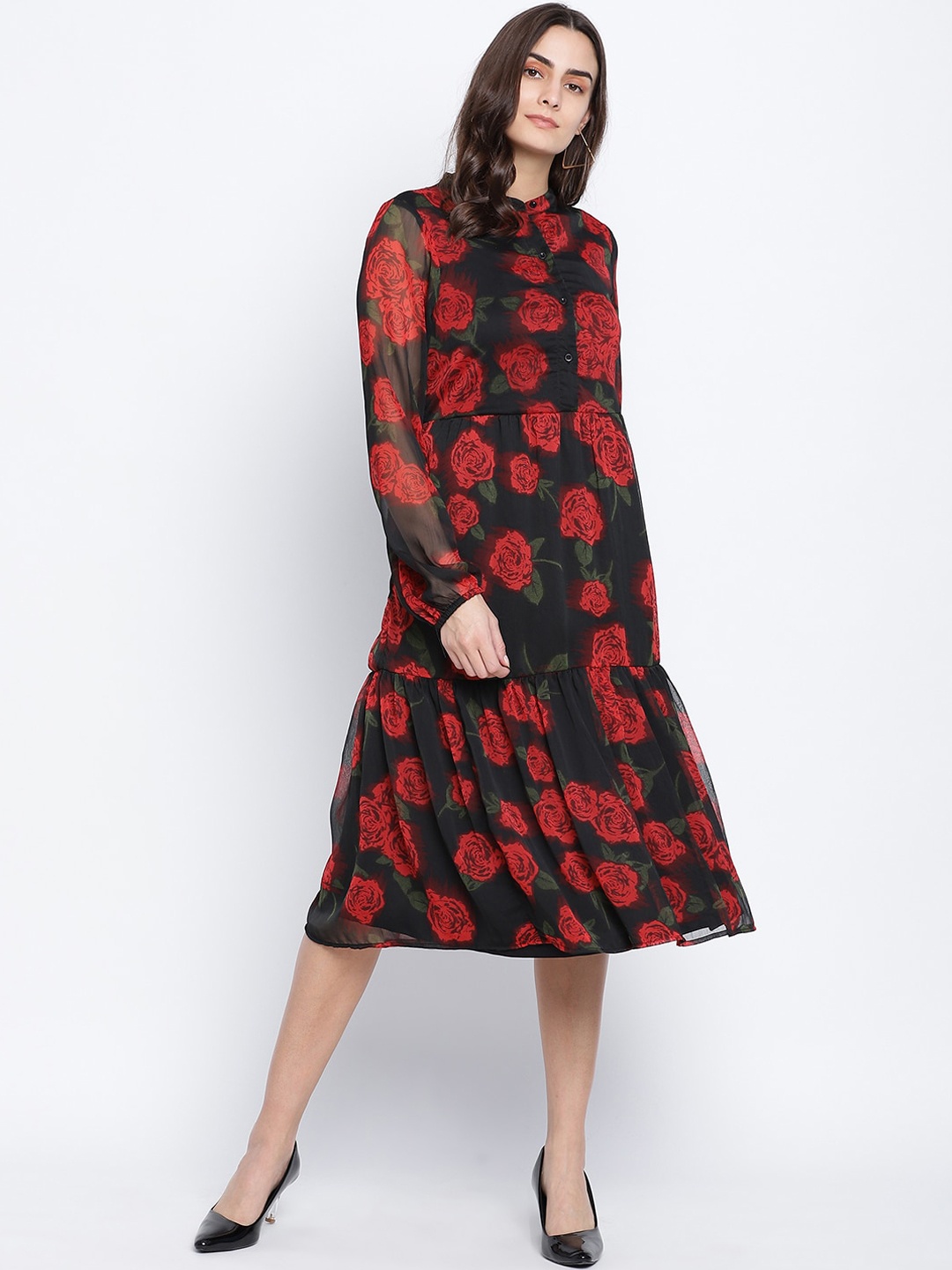 

Oxolloxo Black & Red Floral Satin A-Line Midi Dress