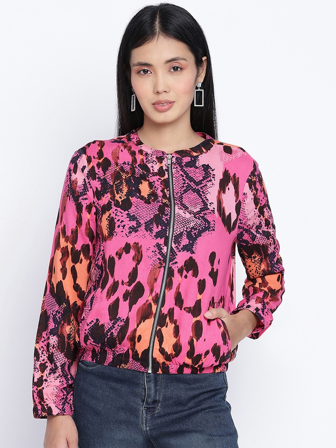 

Oxolloxo Women Pink Brown Lightweight Bomber Jacket
