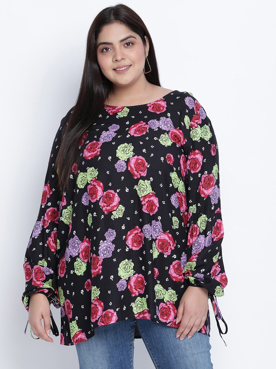 

Oxolloxo Black & Pink Floral Crepe Regular Top