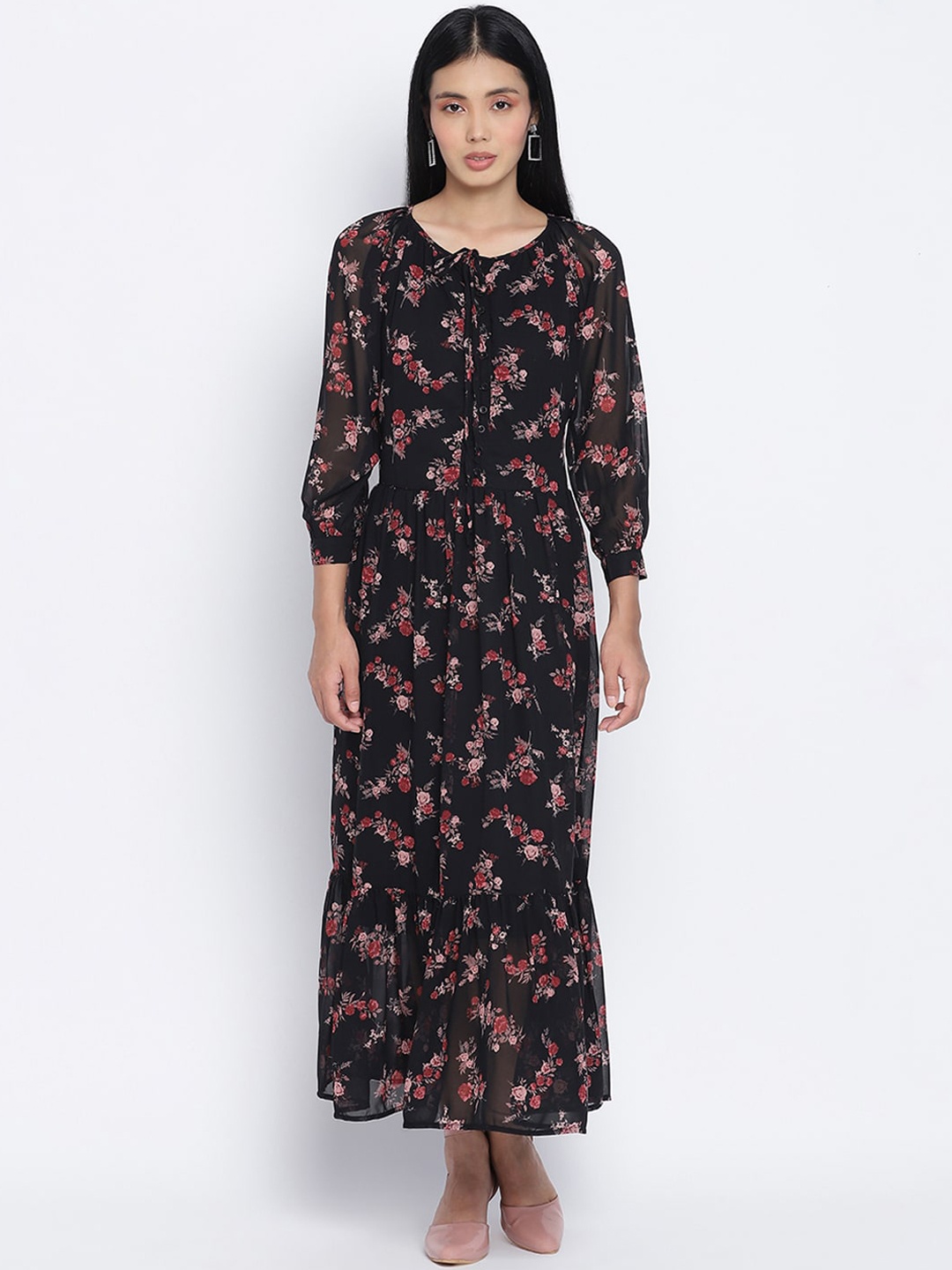 

Oxolloxo Black Floral Tie-Up Neck Satin Maxi Dress
