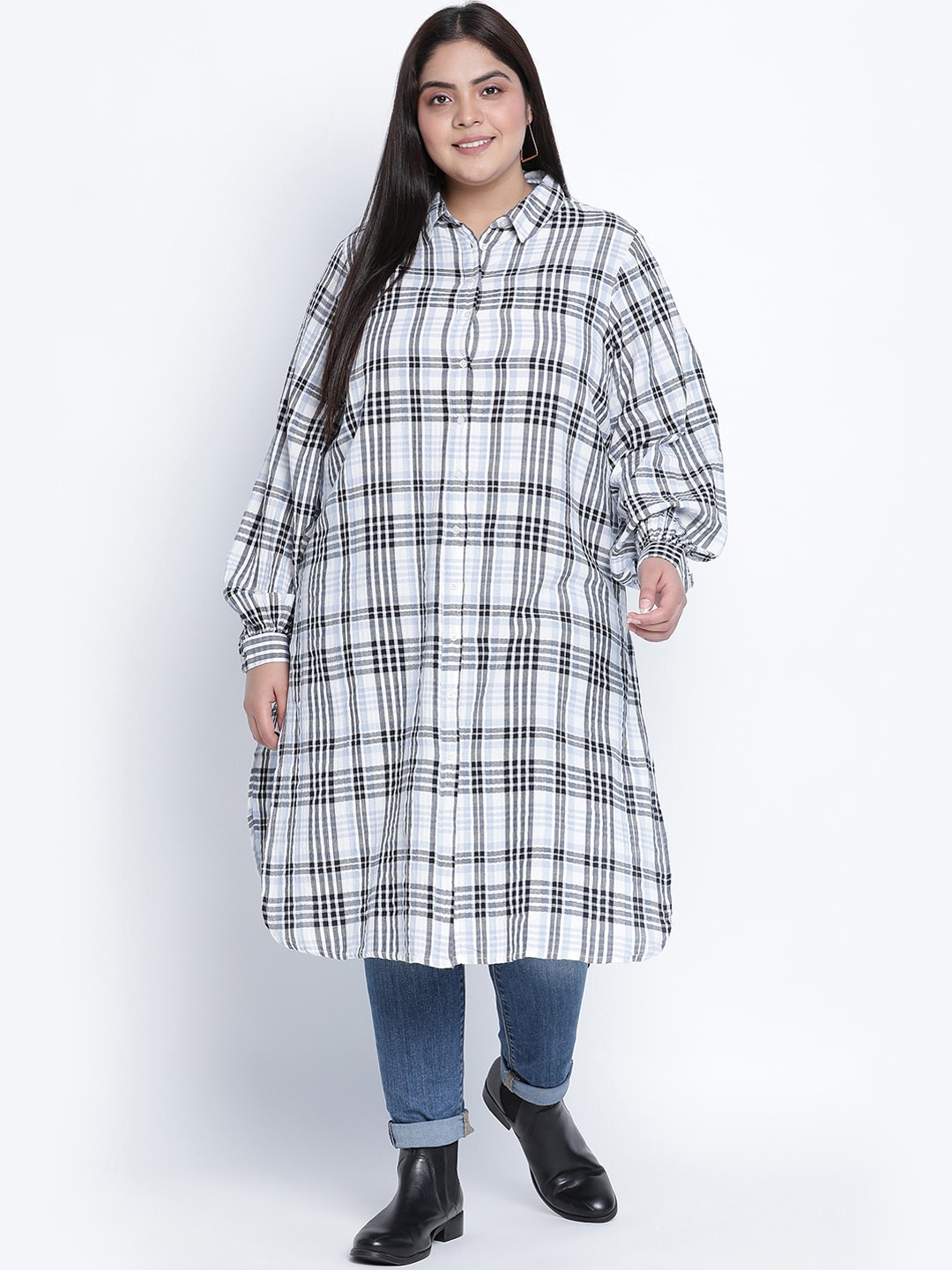 

Oxolloxo Plus Size White & Blue Checked Shirt Midi Dress