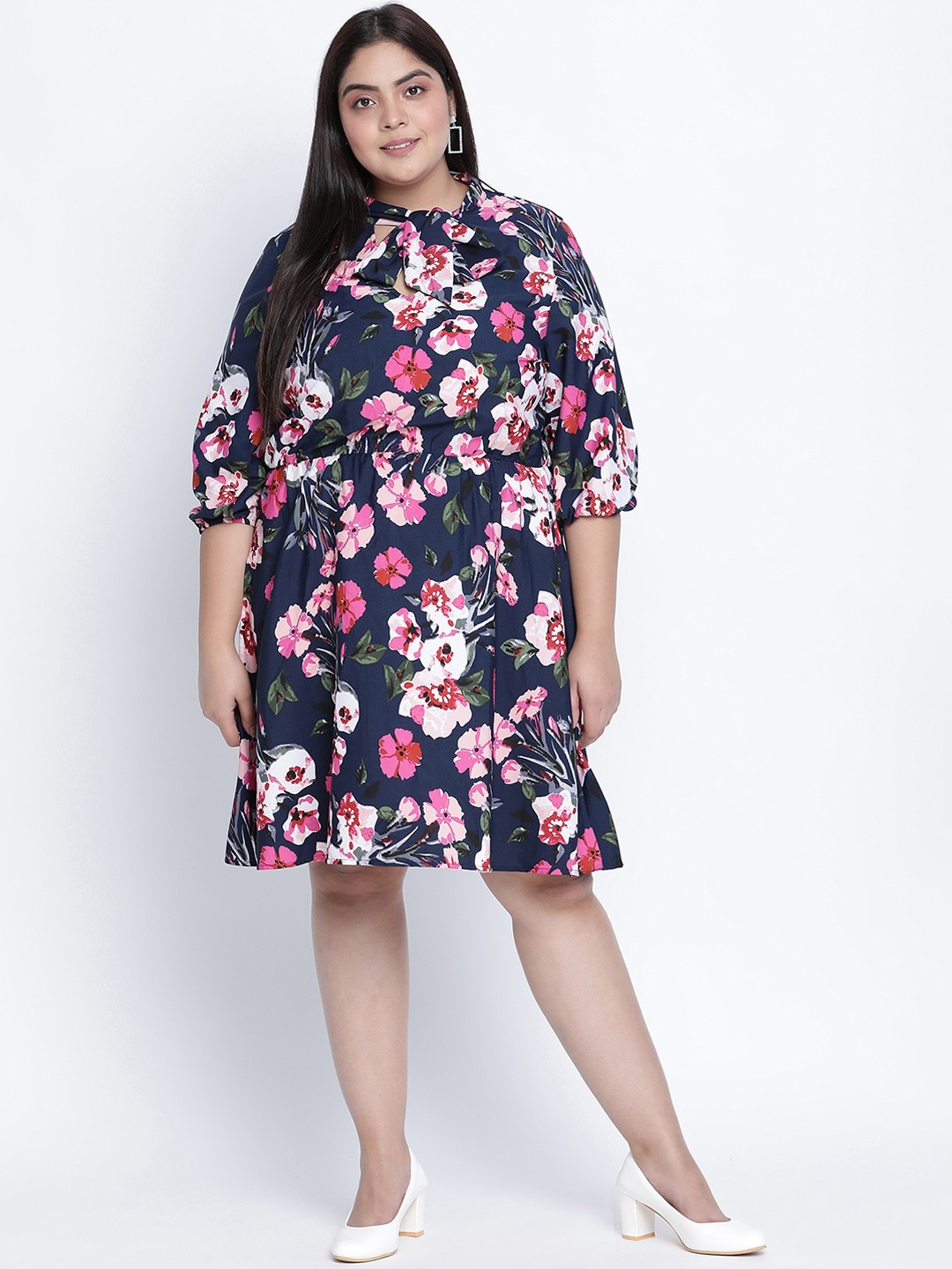 

Oxolloxo Plus Size Blue & Pink Floral Tie-Up Neck Satin A-Line Dress