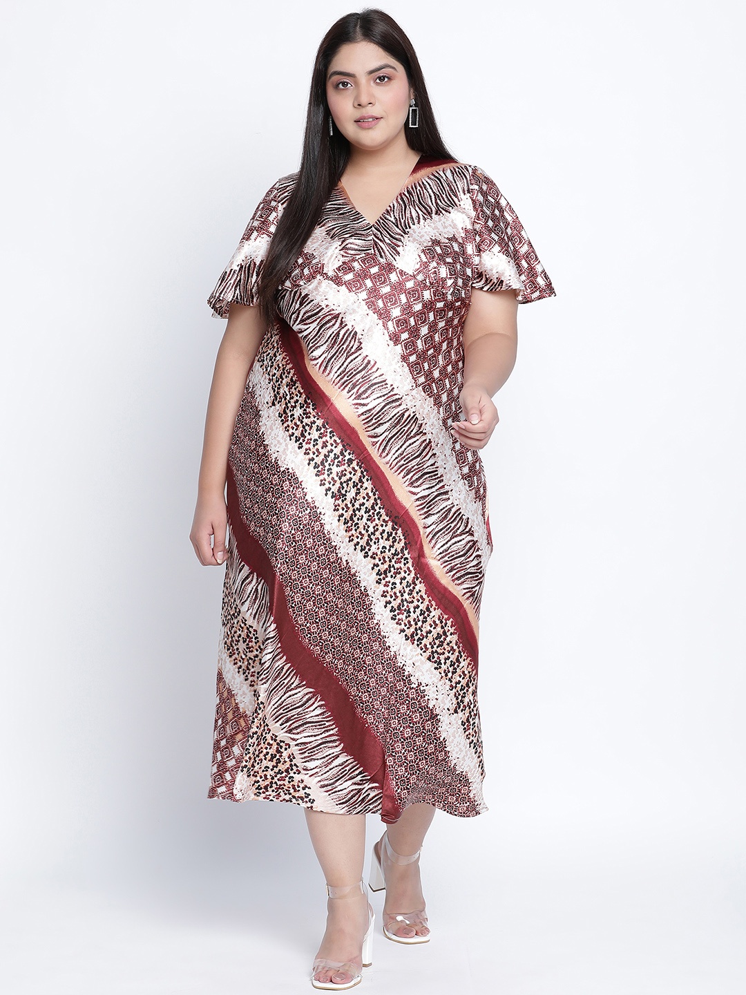 Oxolloxo Plus Size Multicoloured Printed Satin Midi Dress, Multi