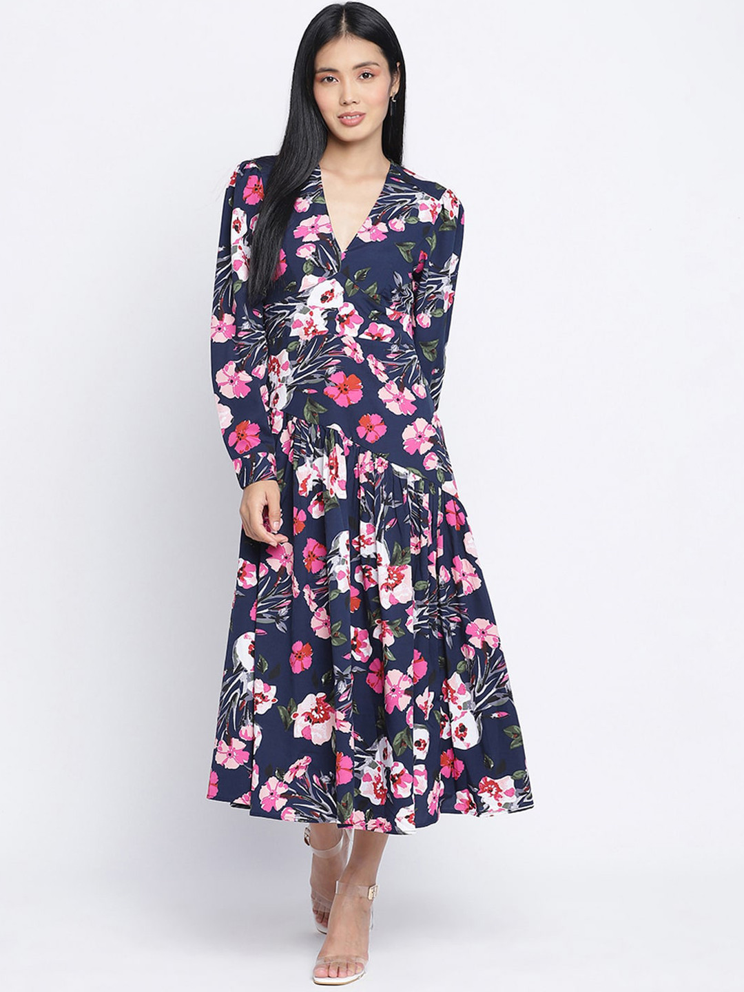 

Oxolloxo Navy Blue & Pink Floral Satin Midi Dress