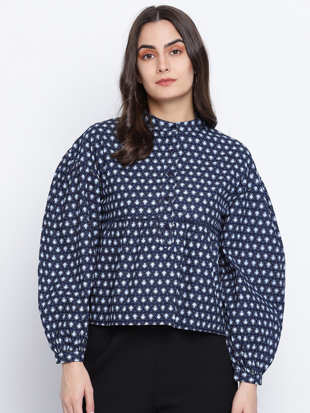 

Oxolloxo Navy Blue Printed Regular Top