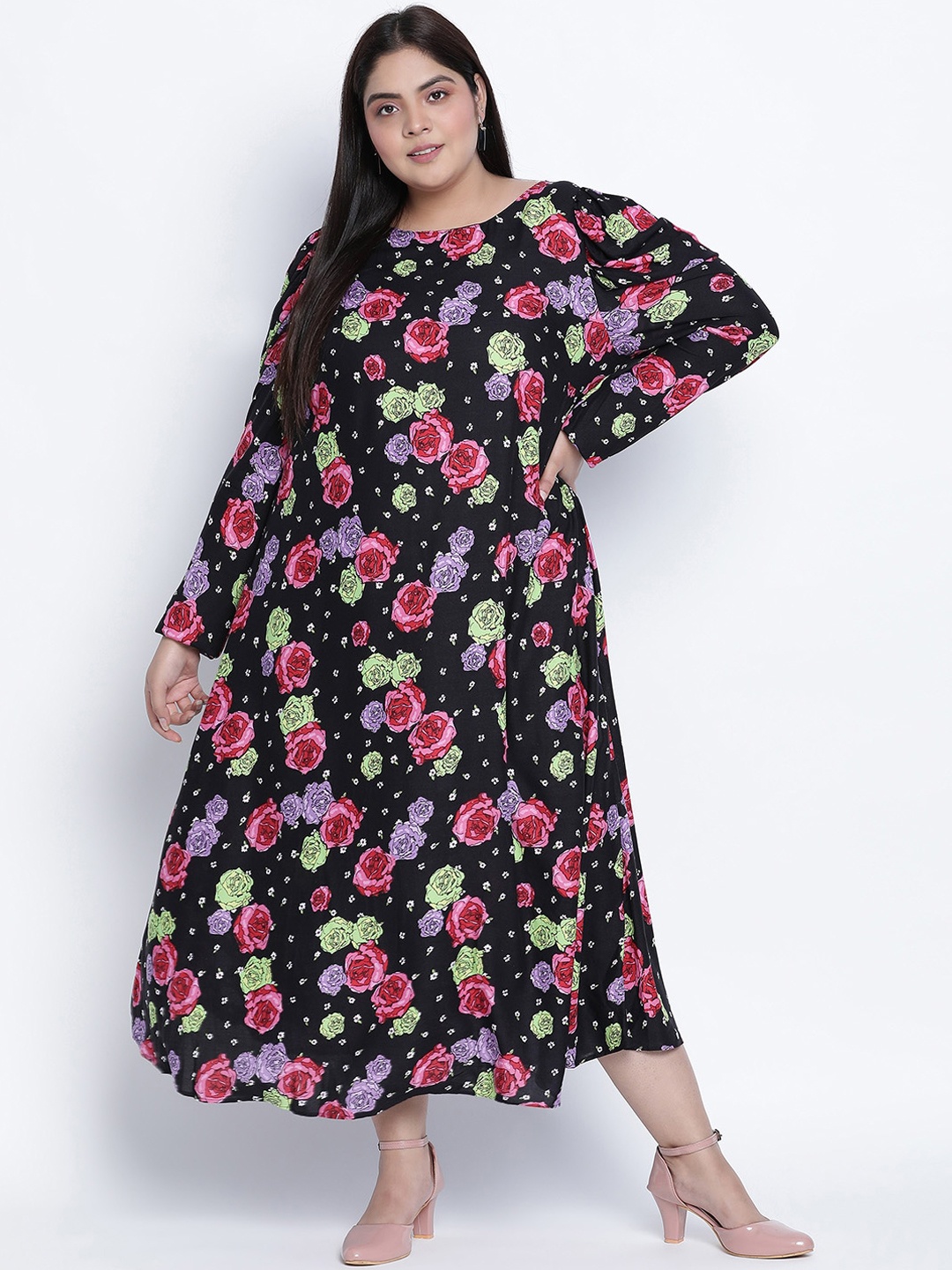 

Oxolloxo Plus Size Black & Pink Floral Crepe Maxi Dress