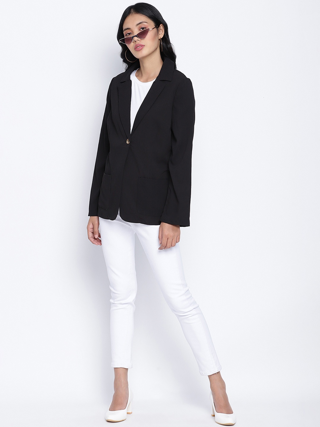 

Oxolloxo Women Black Solid Single-Breasted Blazer