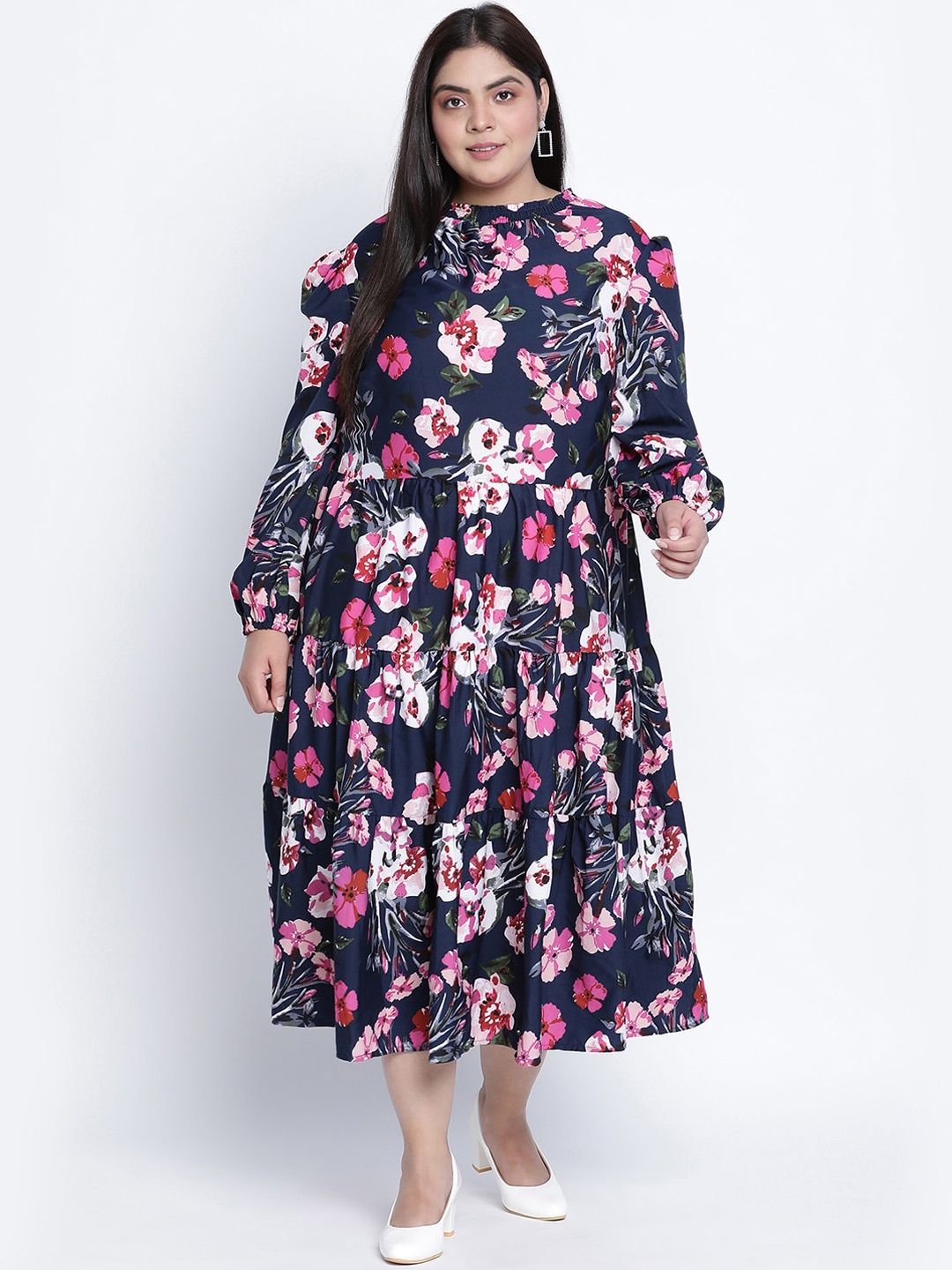 

Oxolloxo Plus Size Blue & Pink Floral Satin Midi Dress
