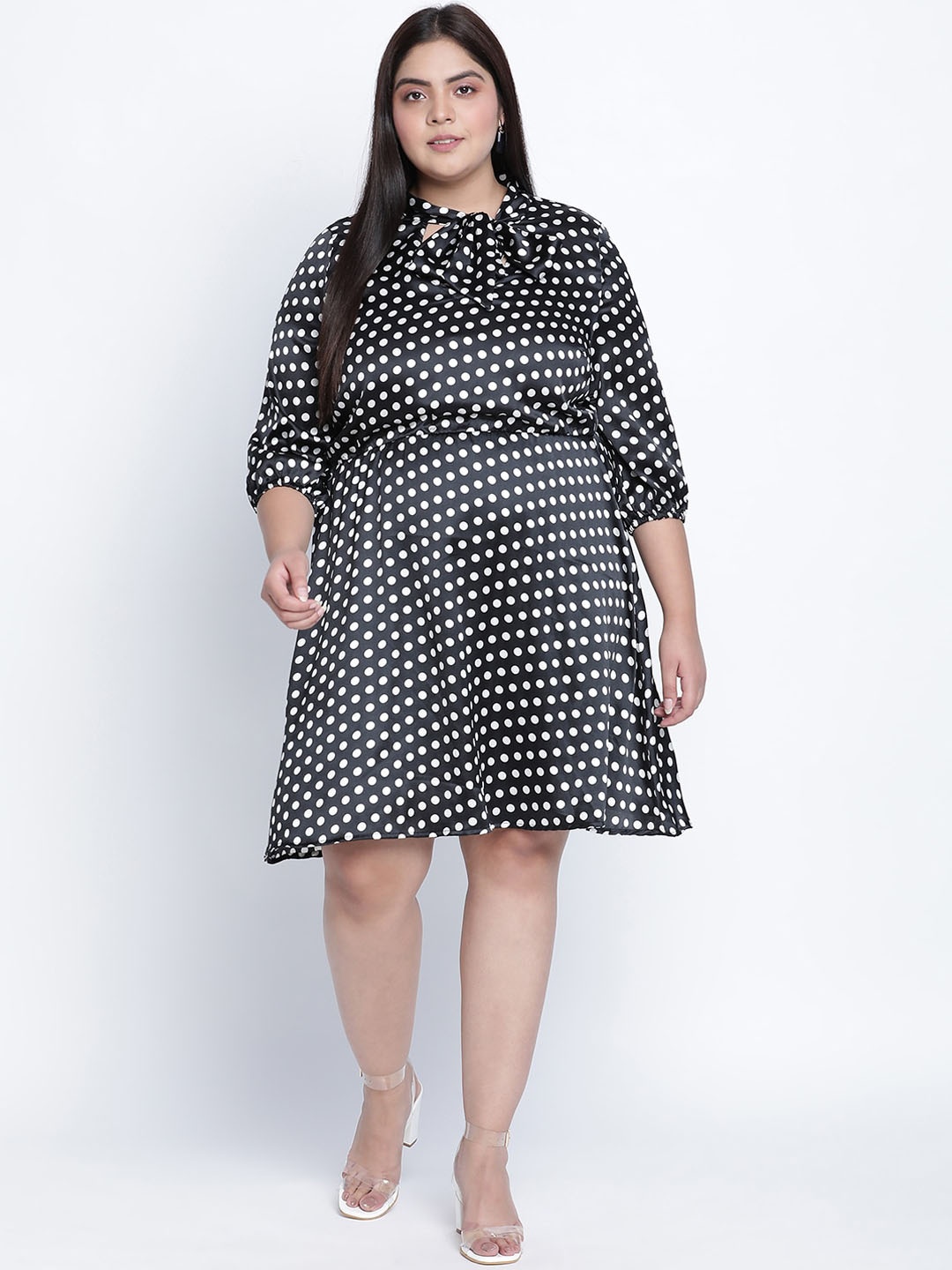 

Oxolloxo Plus Size Black & White Polka Dots Tie-Up Neck Satin Dress