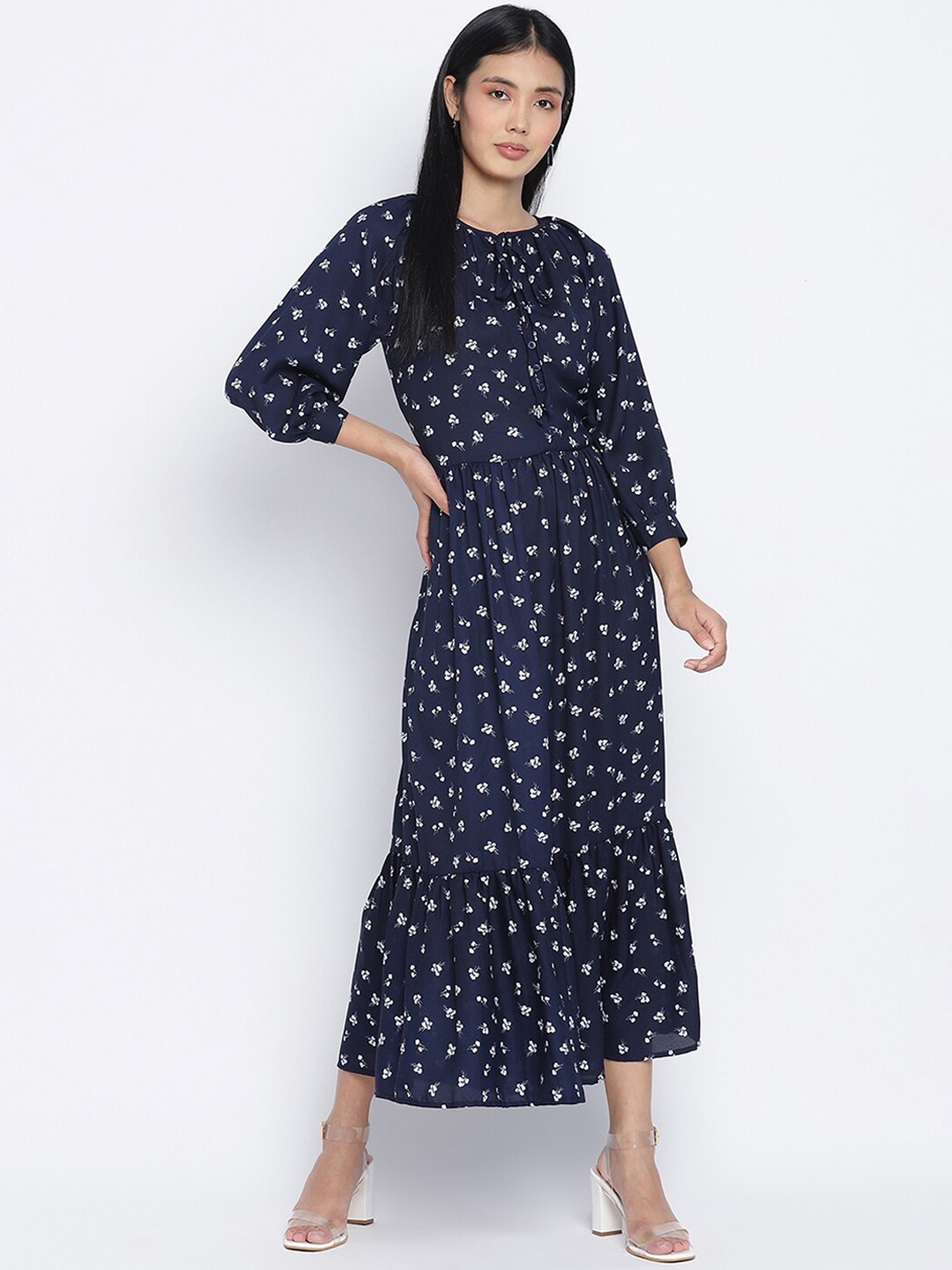 

Oxolloxo Navy Blue Floral Tie-Up Neck Satin Maxi Dress