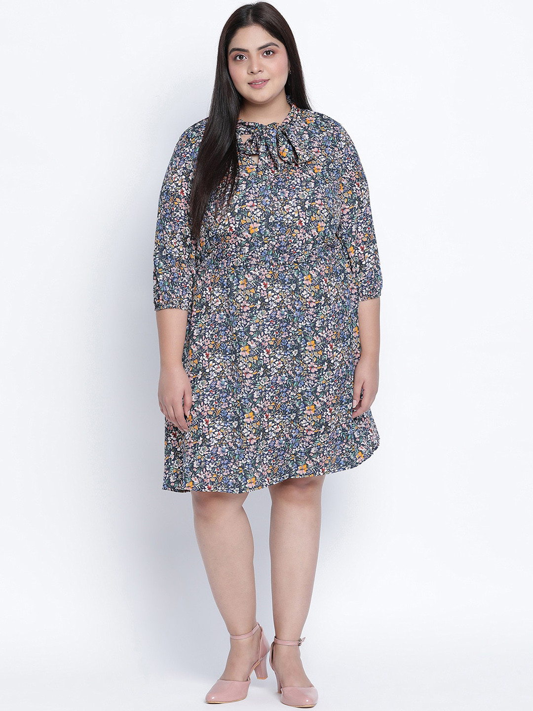 

Oxolloxo Plus Size Multicoloured Floral Tie-Up Neck Satin A-Line Dress, Multi