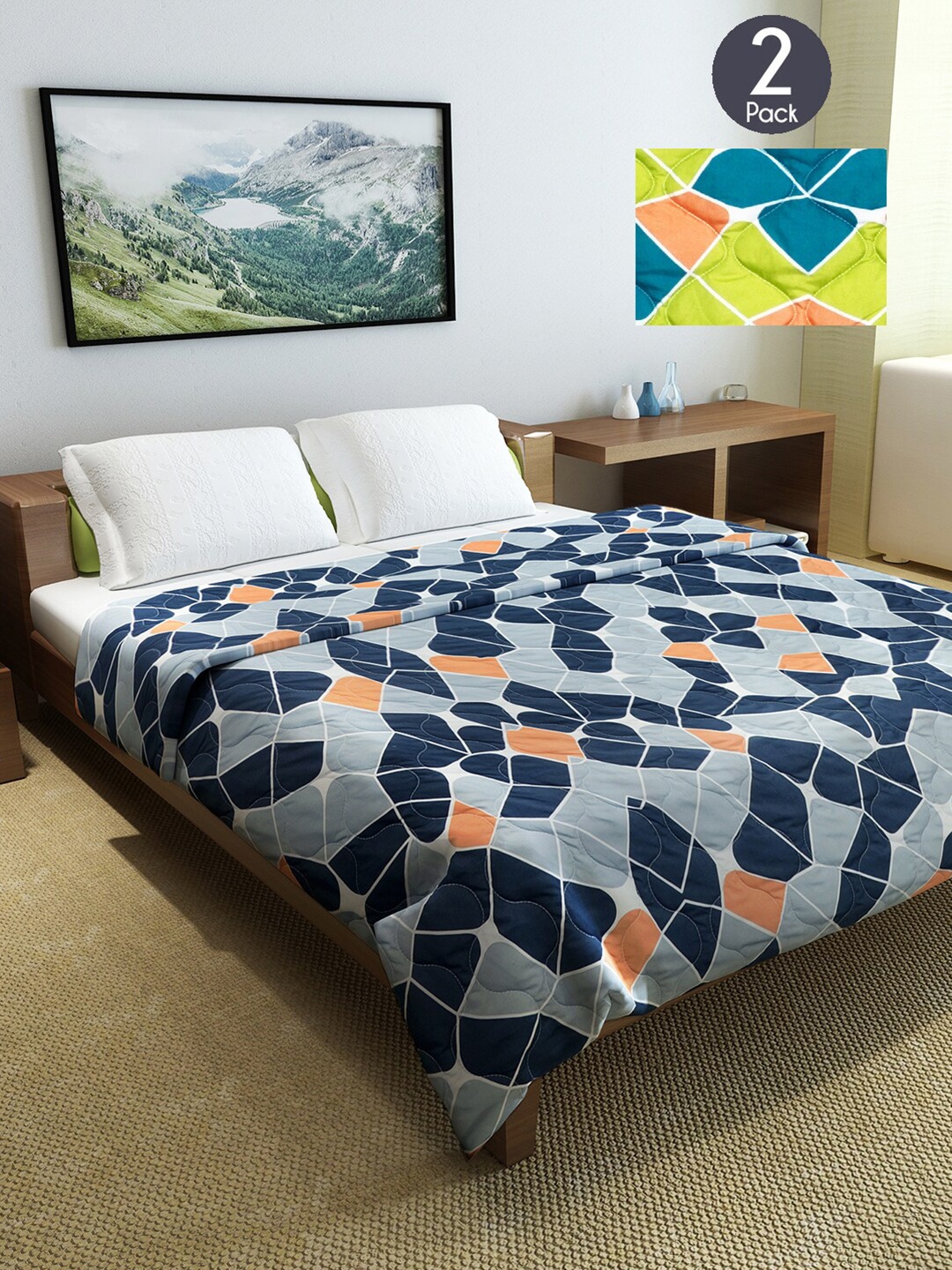 

Divine Casa Set of 2 Navy Blue & Orange Geometric Mild Winter 150 GSM Double Bed Comforter