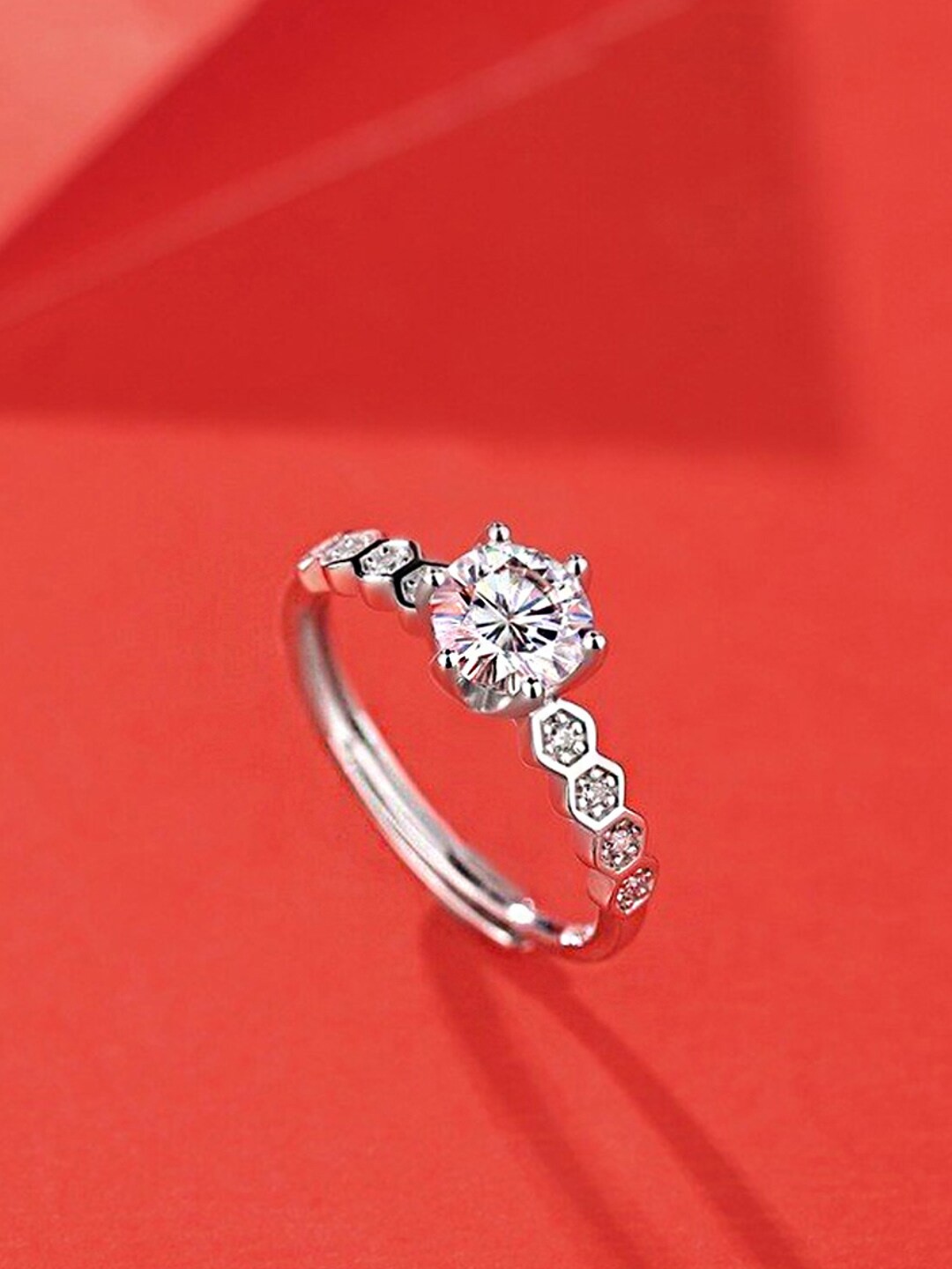 

Yellow Chimes 925 Sterling Silver Rhodium-Plated & White Crystal Adjustable Finger Ring