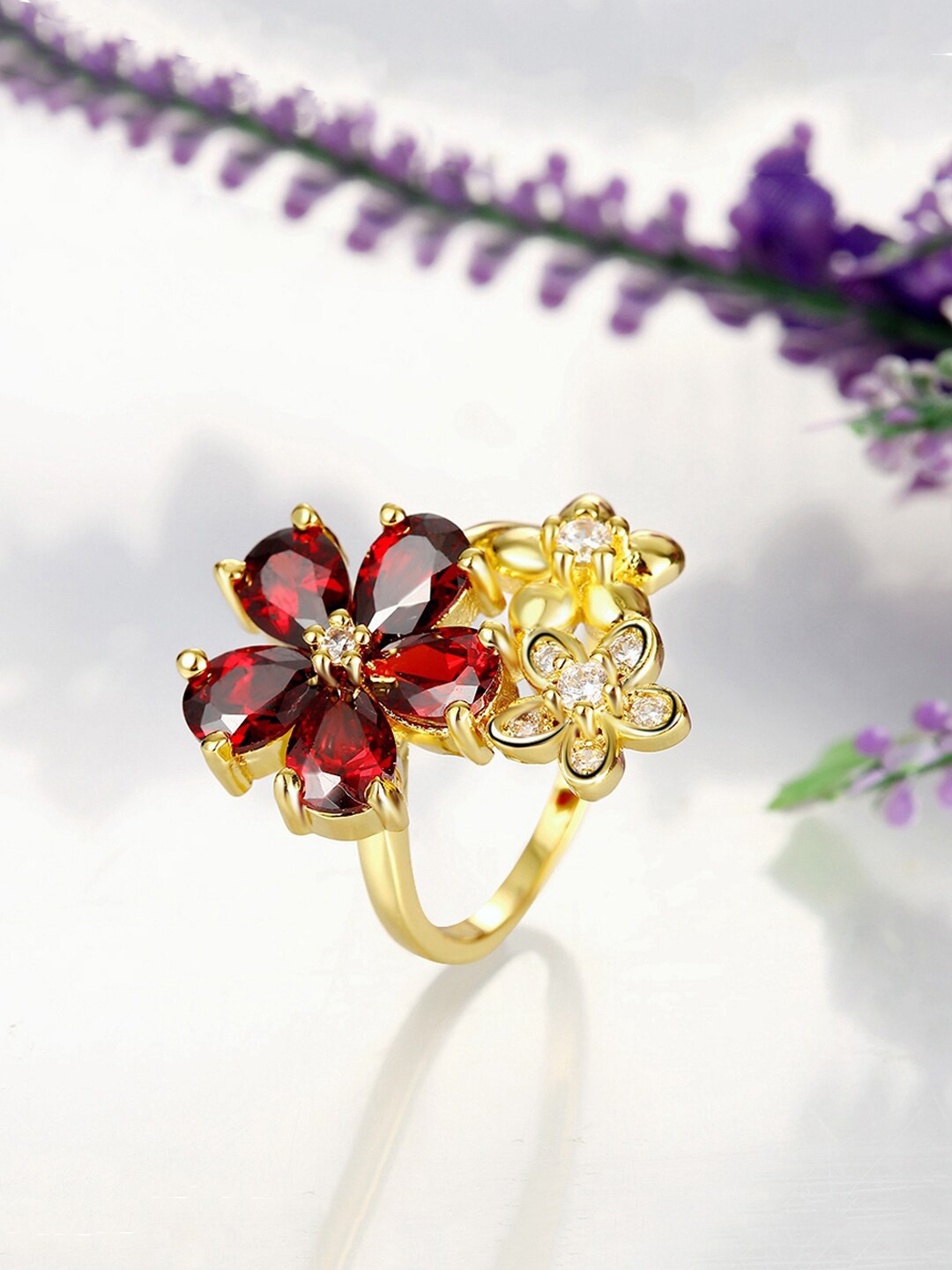 

Yellow Chimes Gold-toned Red Crystal Floral Shaped Finger Ring