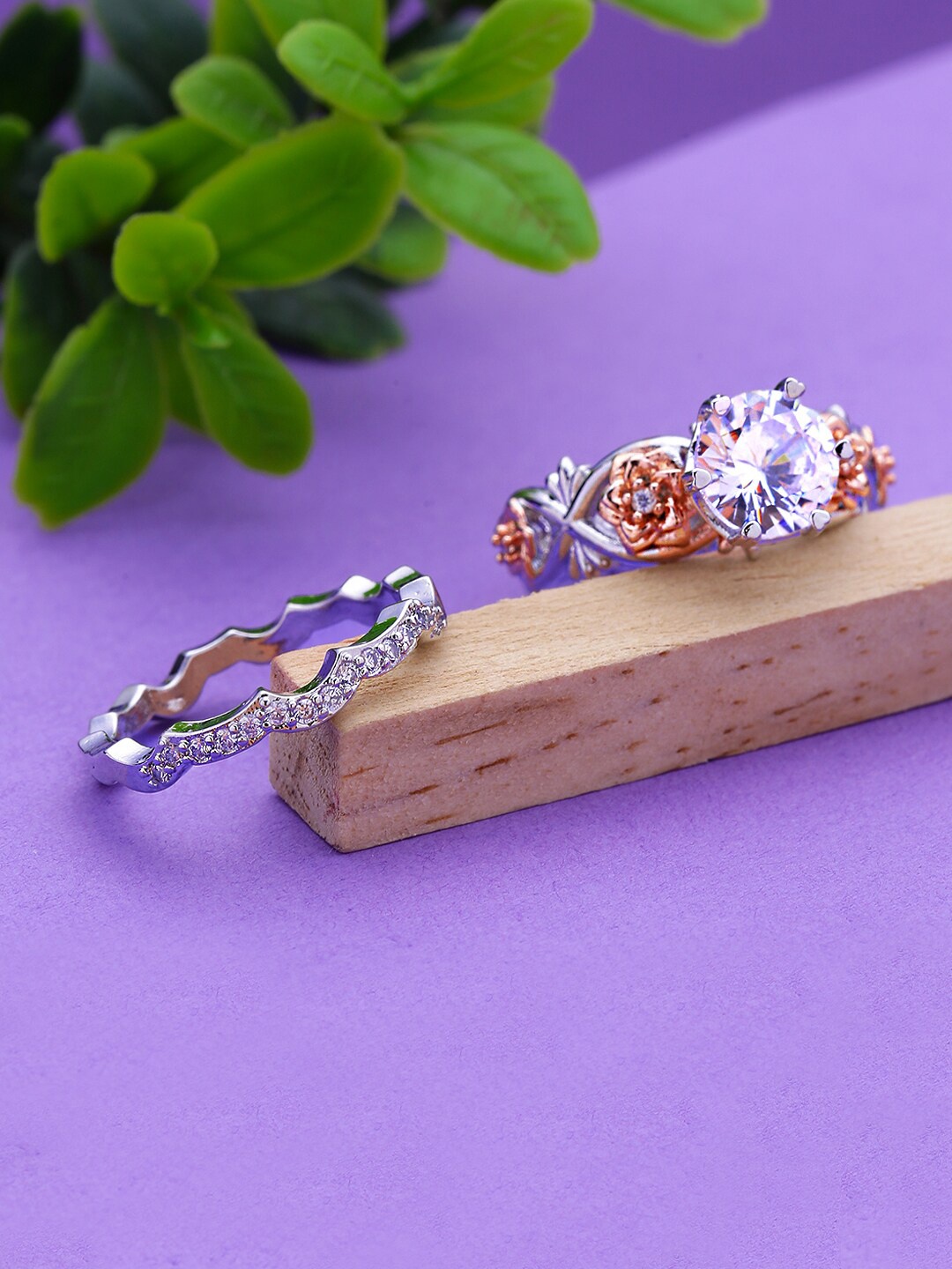 

Yellow Chimes Set of 2 Silver- toned Floral Brown Crystal Finger Rings