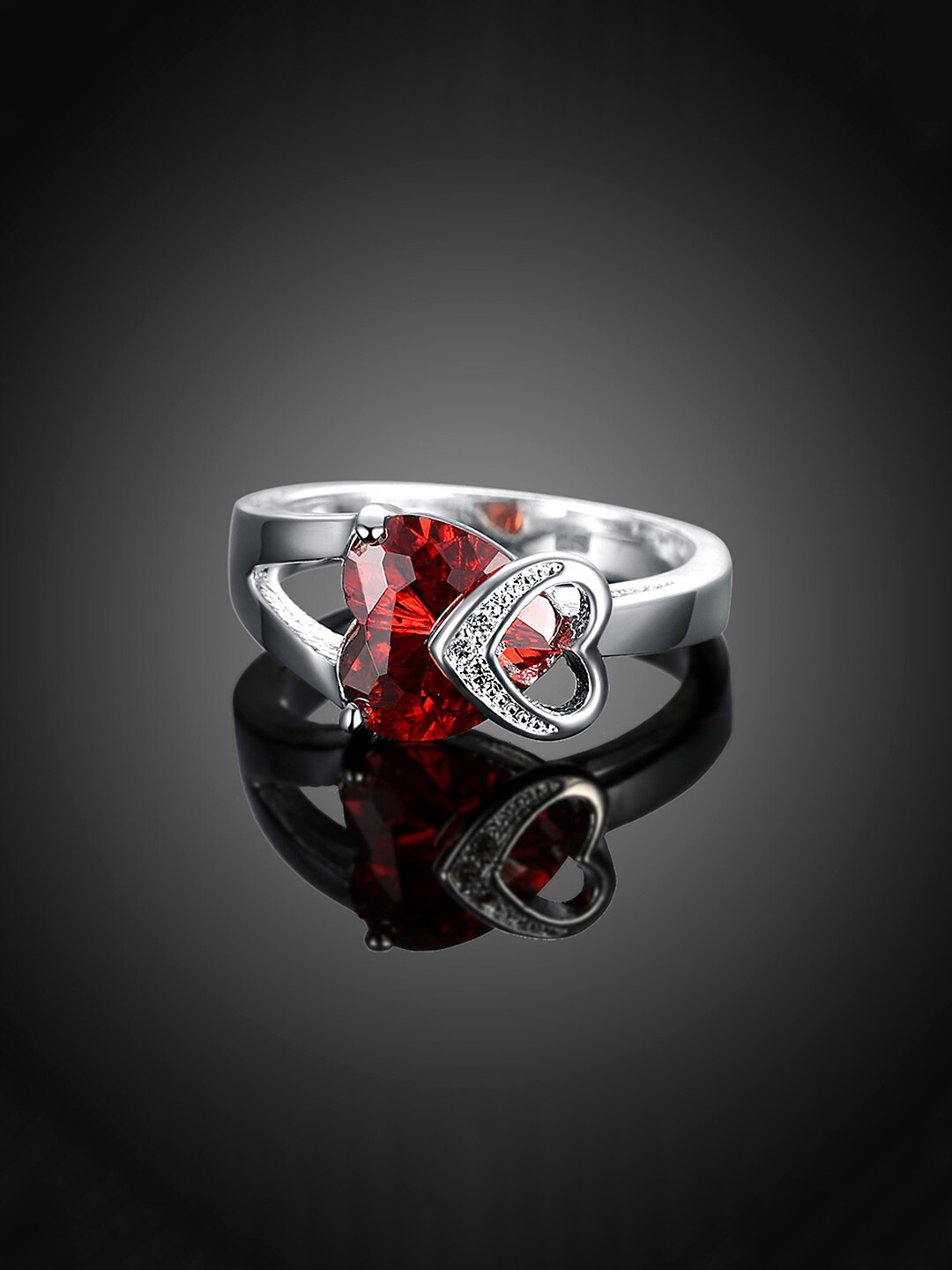 

Yellow Chimes Rhodium-Plated & Red Crystal-Studded Finger Ring, Silver