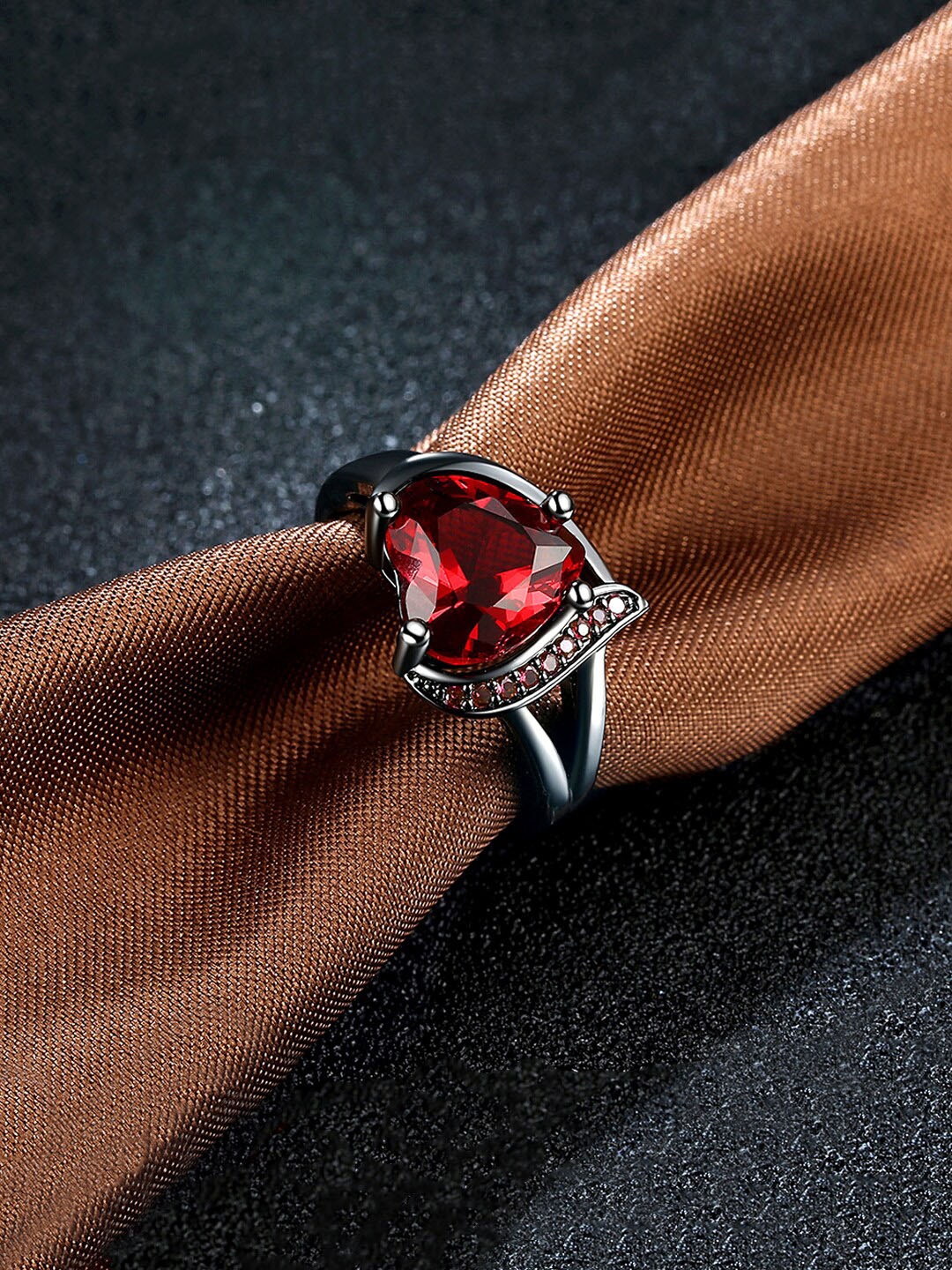 

Yellow Chimes Rhodium-Plated & Red Crystal-Studded Finger Ring, Silver