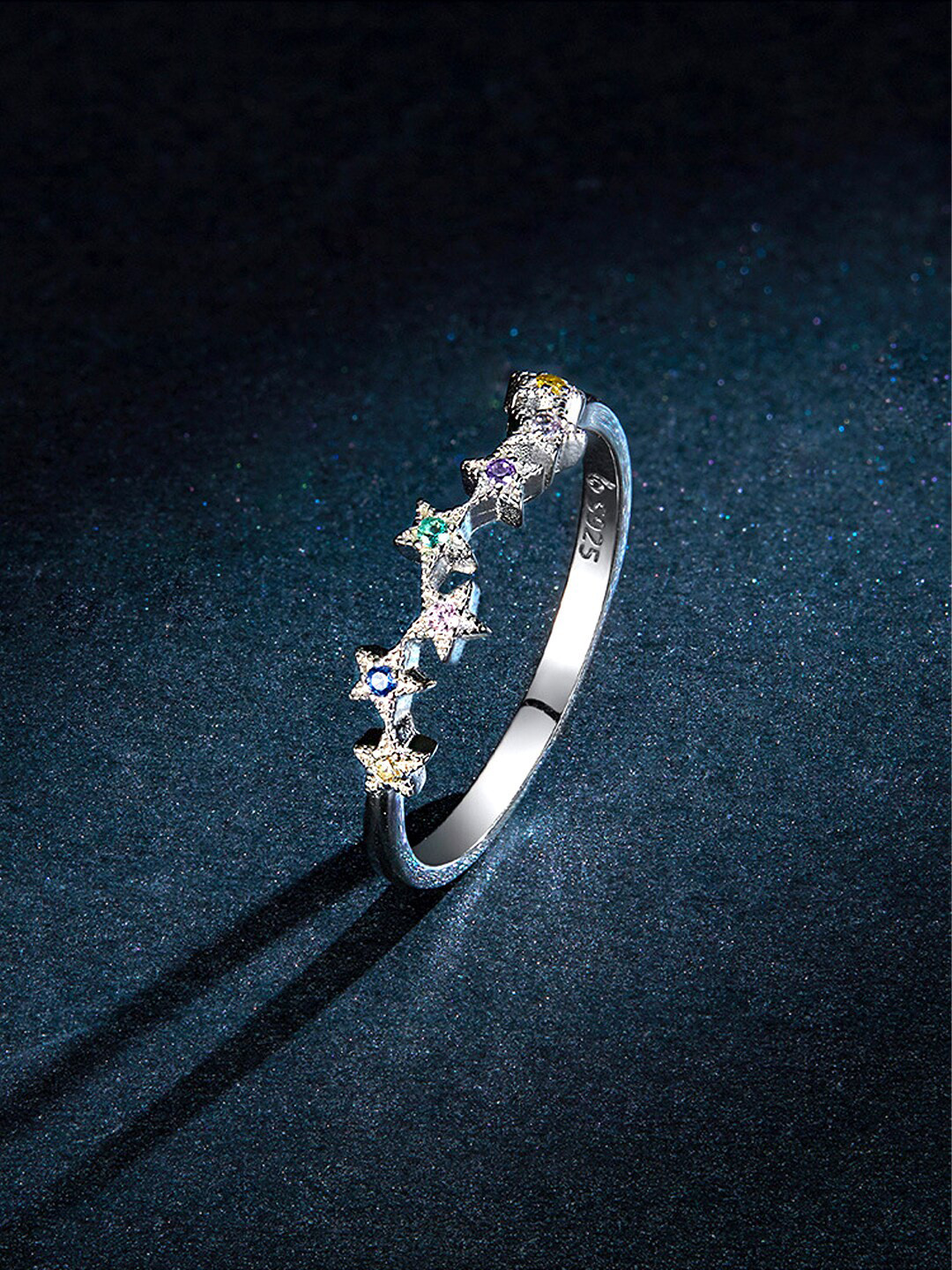 

Yellow Chimes 925 Sterling Silver Rhodium-Plated Crystal Studded Star Shaped Finger Ring