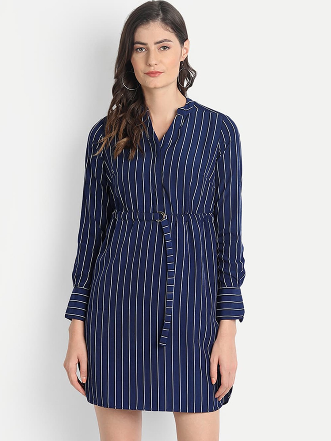 

River Of Design Jeans Navy Blue & White Striped Shirt Dress With Tie Belt
